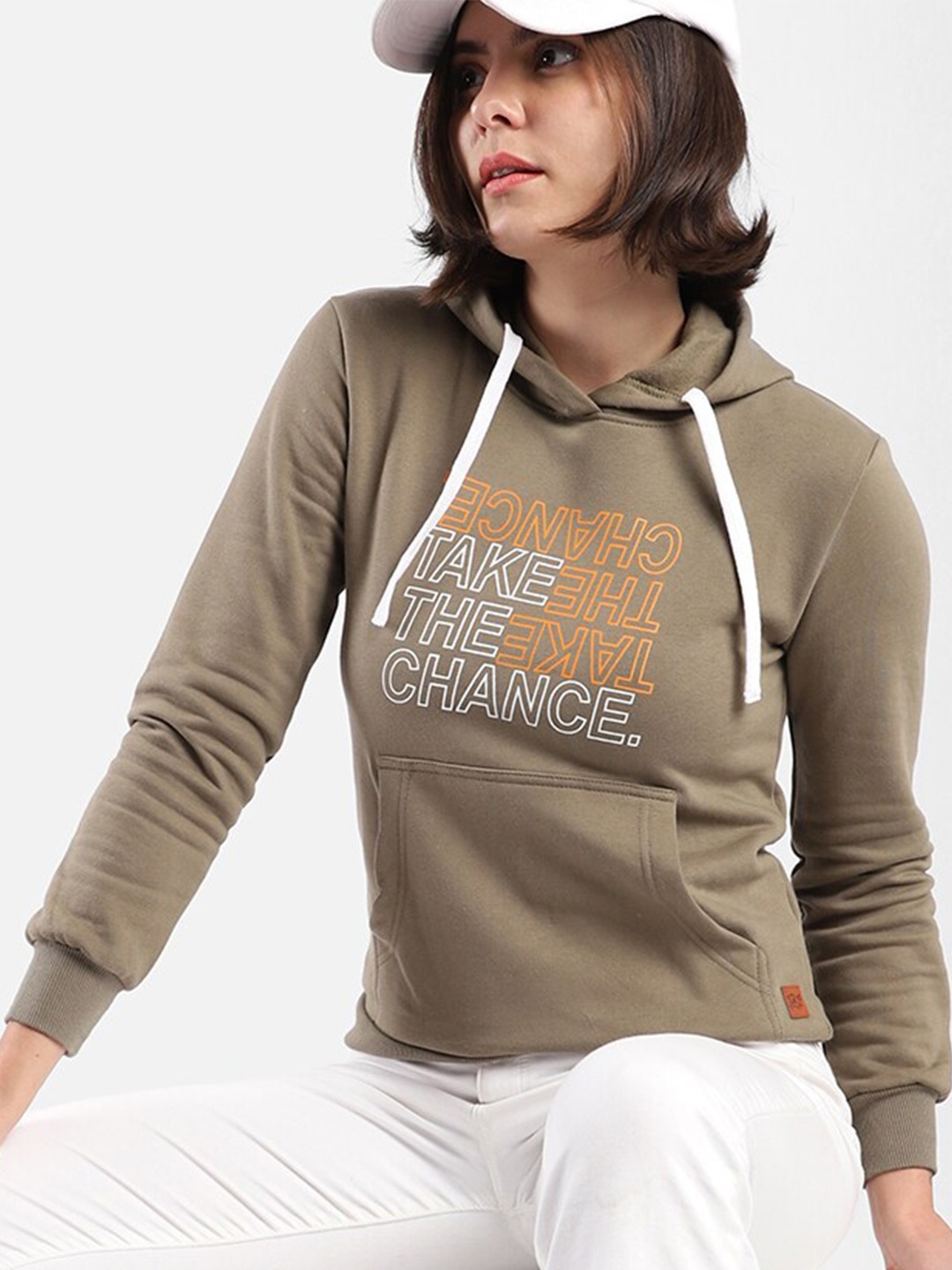 

Campus Sutra Olive Typography Printed Hooded Cotton Pullover Sweatshirt