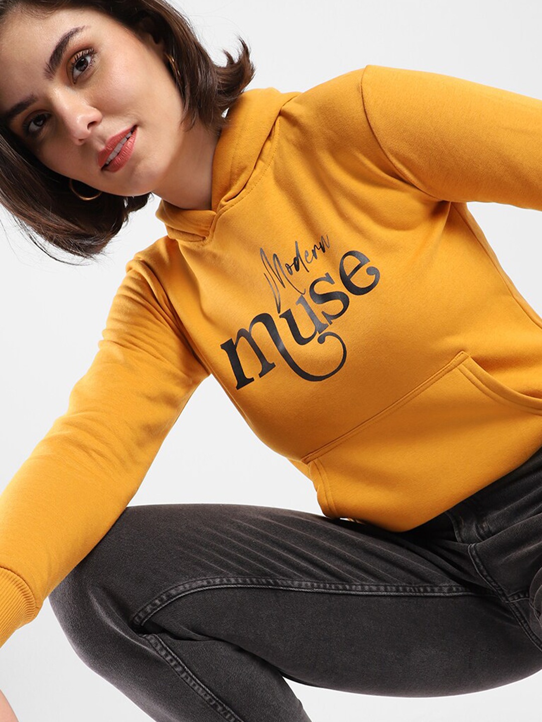 

Campus Sutra Mustard Typographic Printed Hooded Cotton Sweatshirt