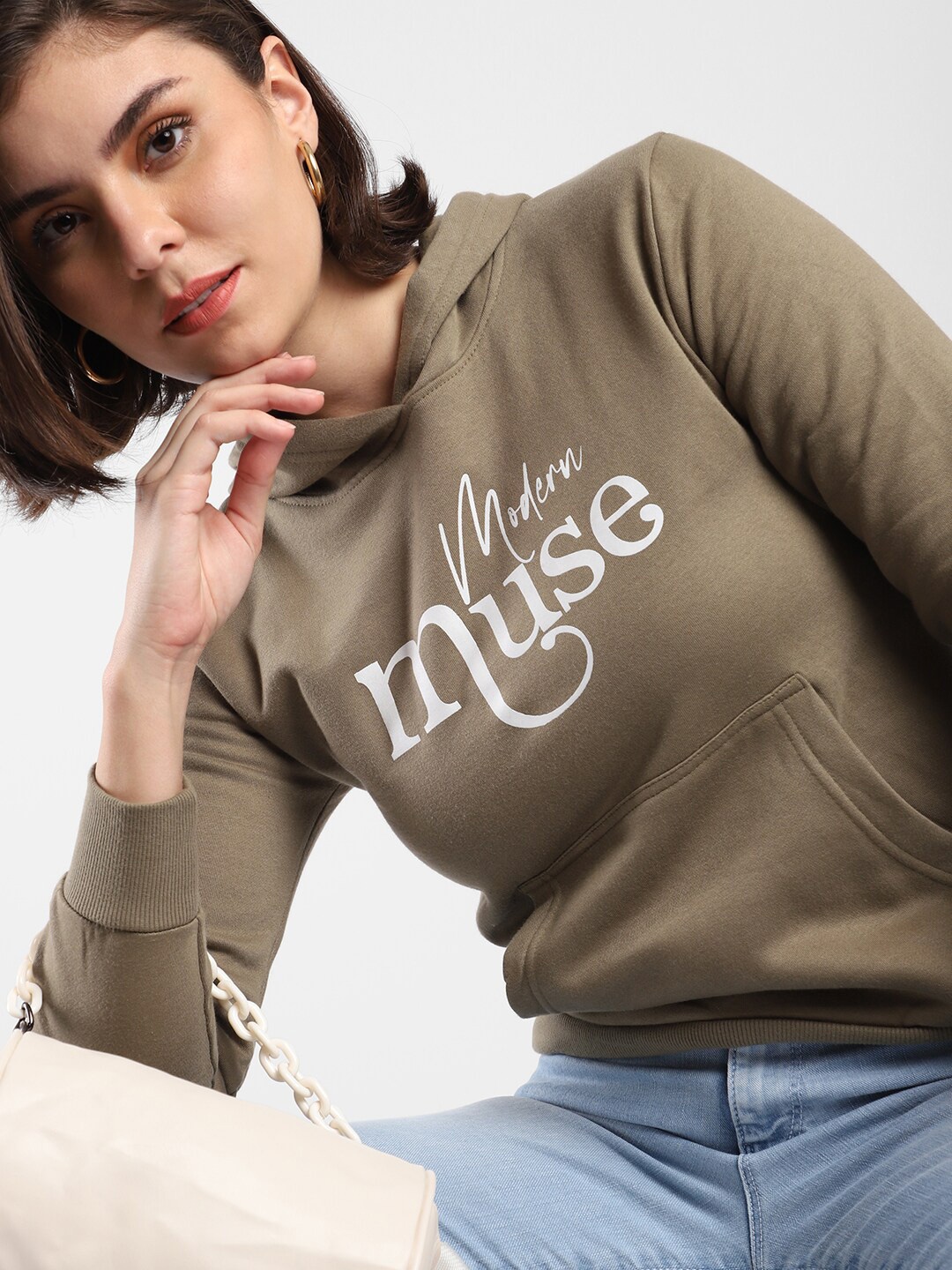 

Campus Sutra Typography Printed Hooded Cotton Pullover, Olive
