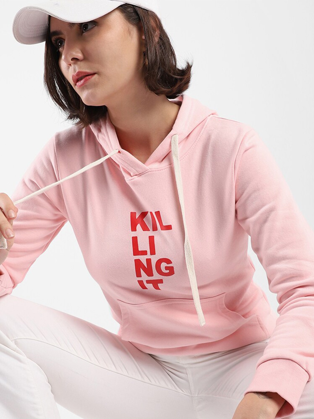 

Campus Sutra Typography Printed Hooded Cotton Sweatshirt, Pink