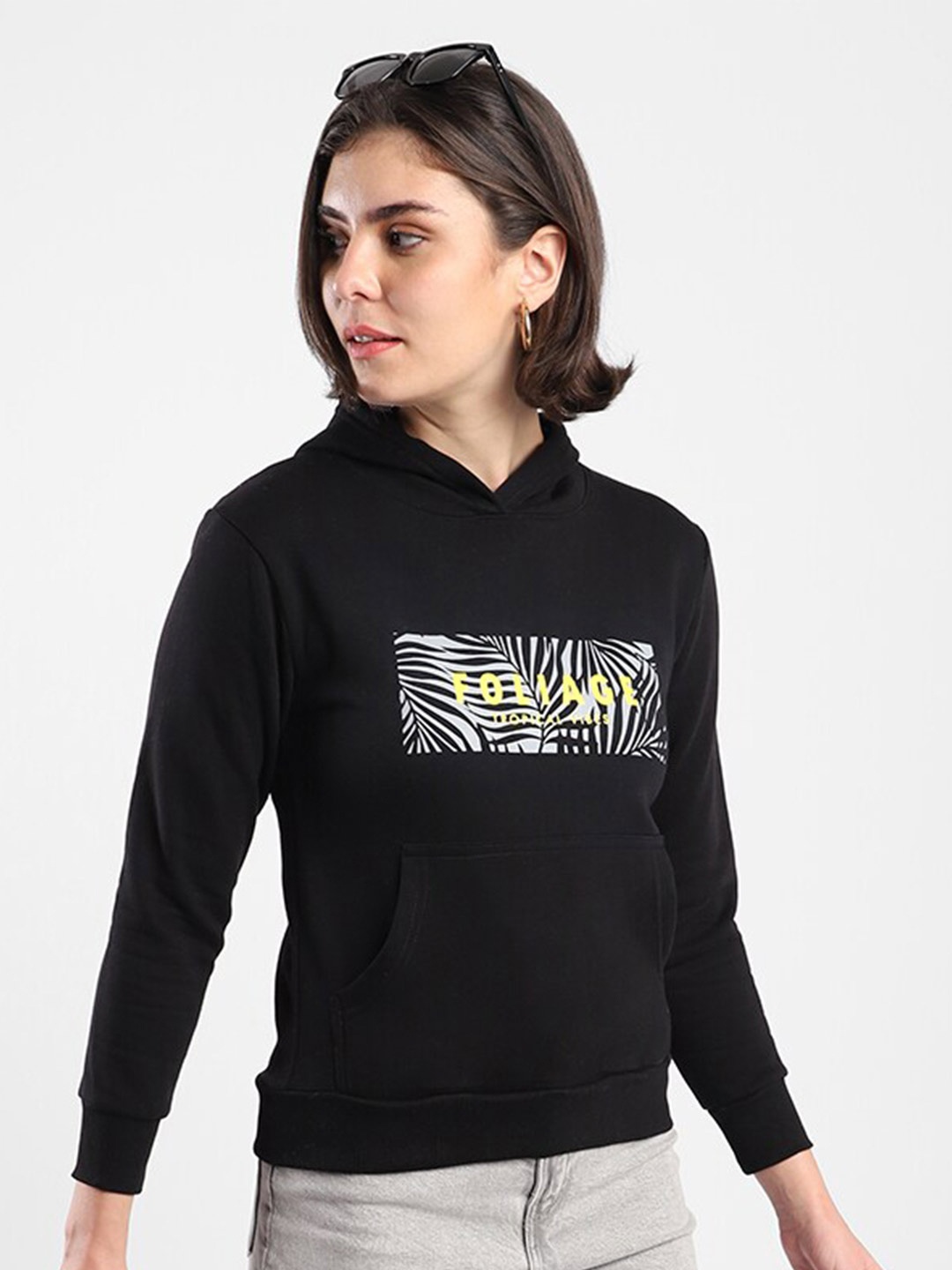 

Campus Sutra Black Typography Printed Hooded Cotton Sweatshirt