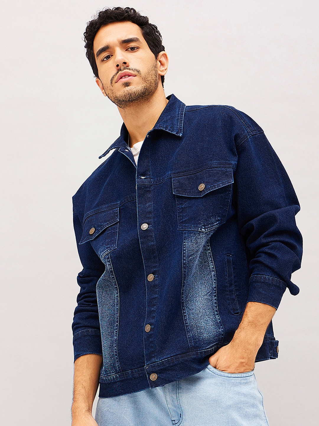 

MASCLN SASSAFRAS Navy Blue Washed Spread Collar Long Sleeves Cotton Relax Fit Denim Jacket