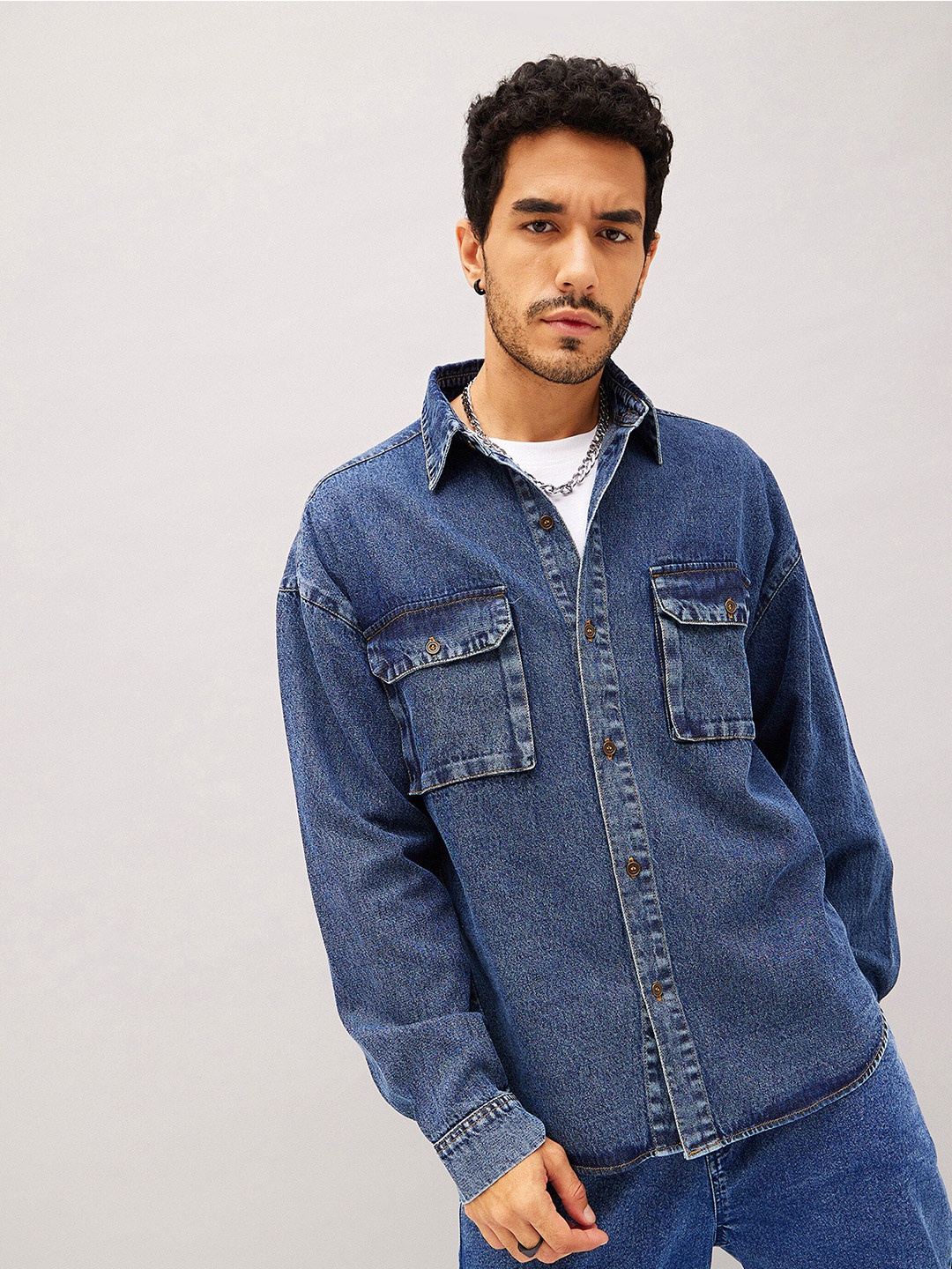

MASCLN SASSAFRAS Blue Relaxed Oversized Pure Cotton Casual Shirt