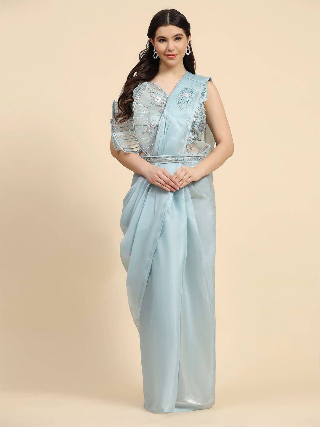 

Phenav Organza Ready to Wear Saree, Turquoise blue