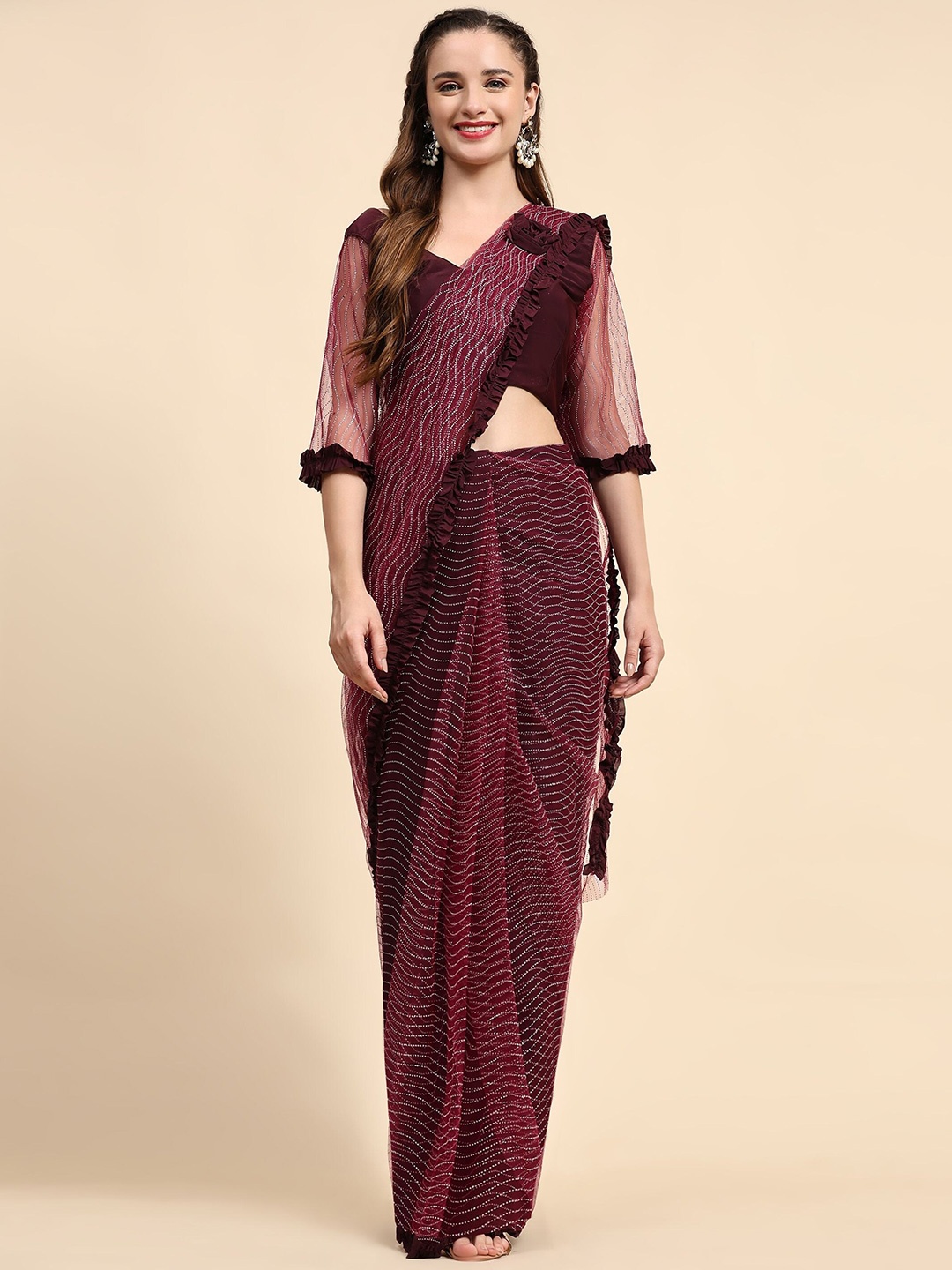 

Phenav Embellished Zardozi Net Ready to Wear Saree, Magenta
