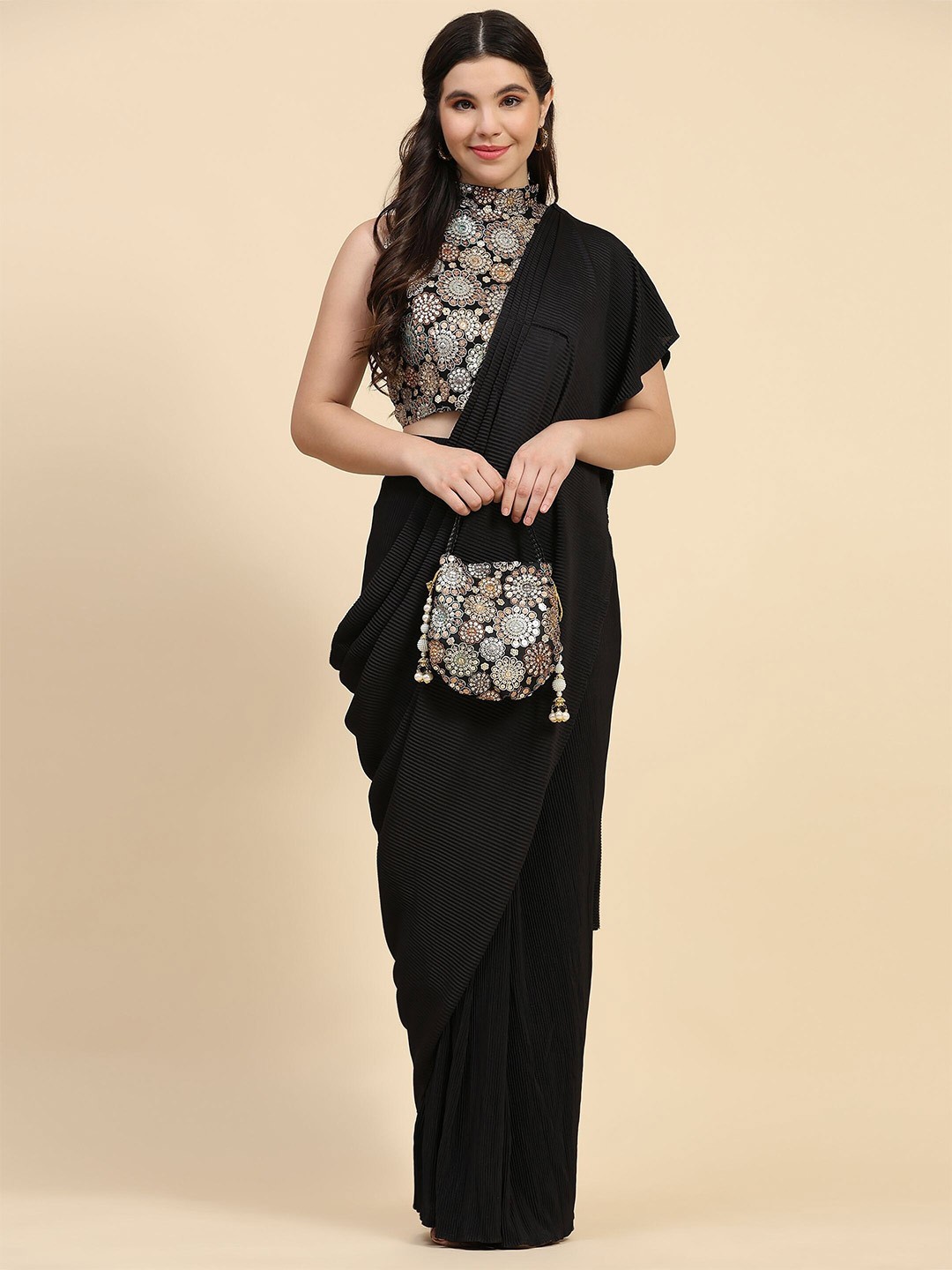 

Phenav Ready to Wear Saree with Purse, Black