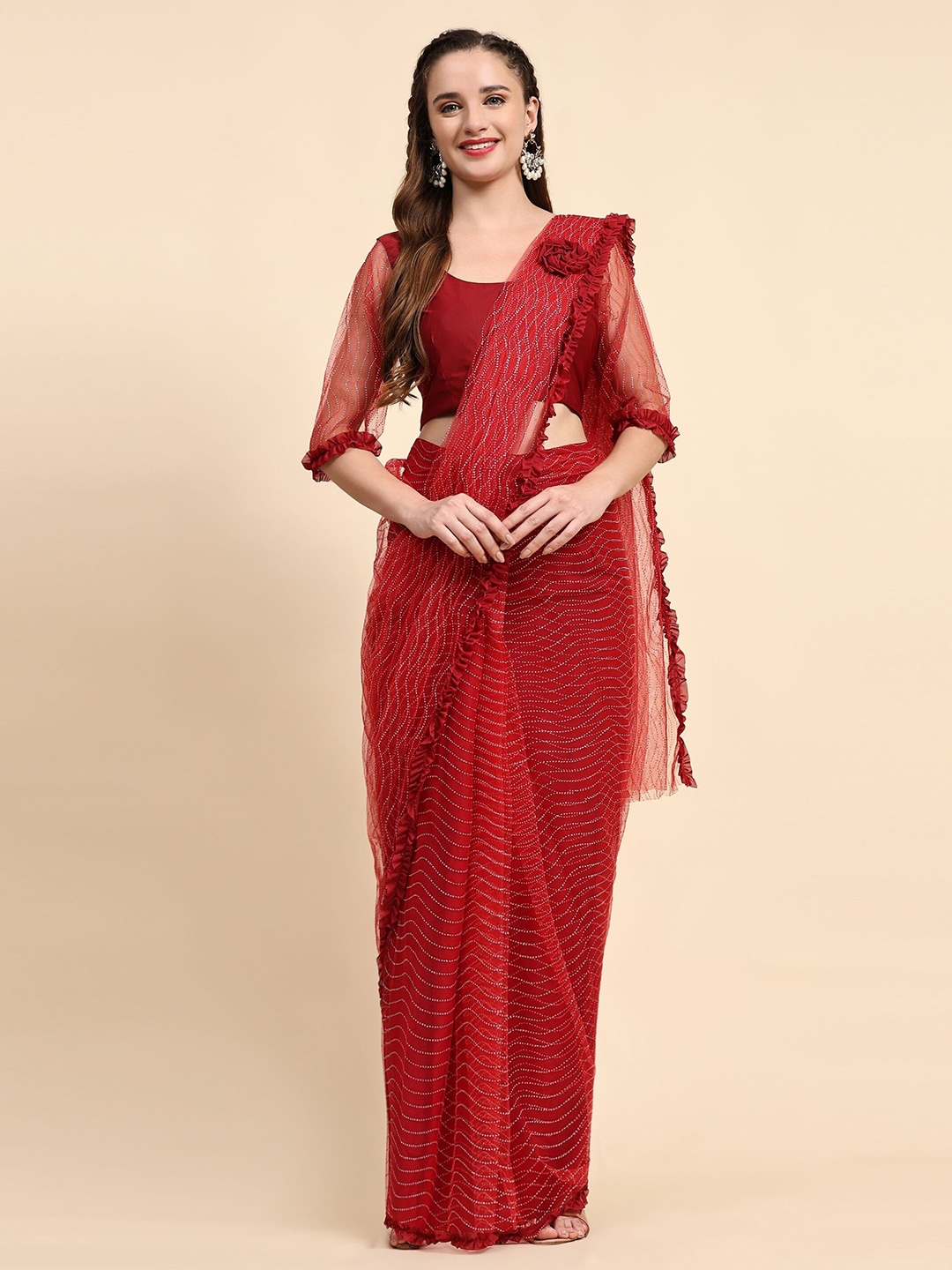 

Phenav Embellished Net With Stitched Blouse, Maroon