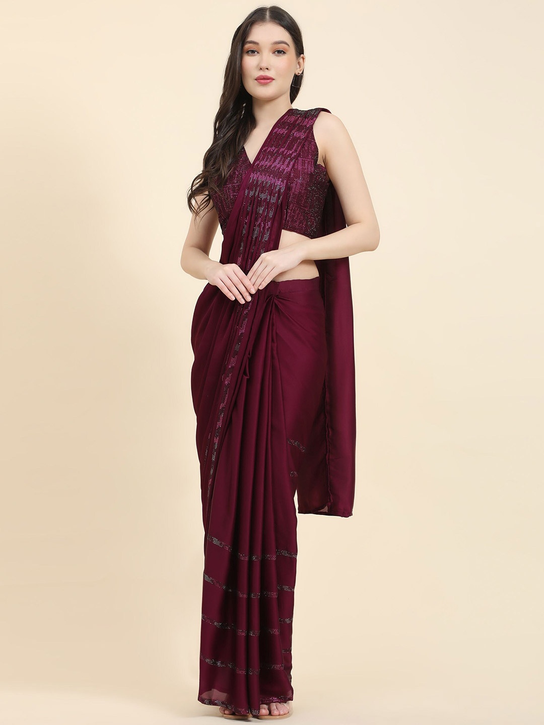 

Phenav Magenta Embellished Beads & Stones With Stitched Blouse