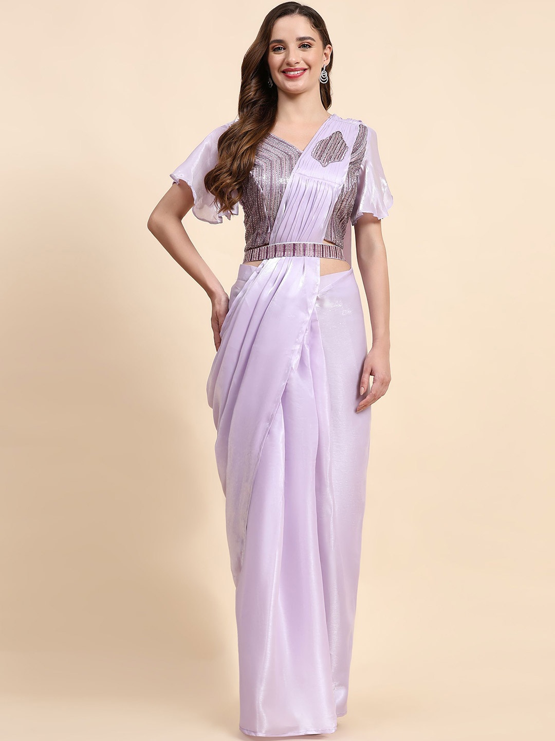 

Phenav Turquoise Blue Embellished Beads & Stones Organza With Stitched Blouse, Lavender
