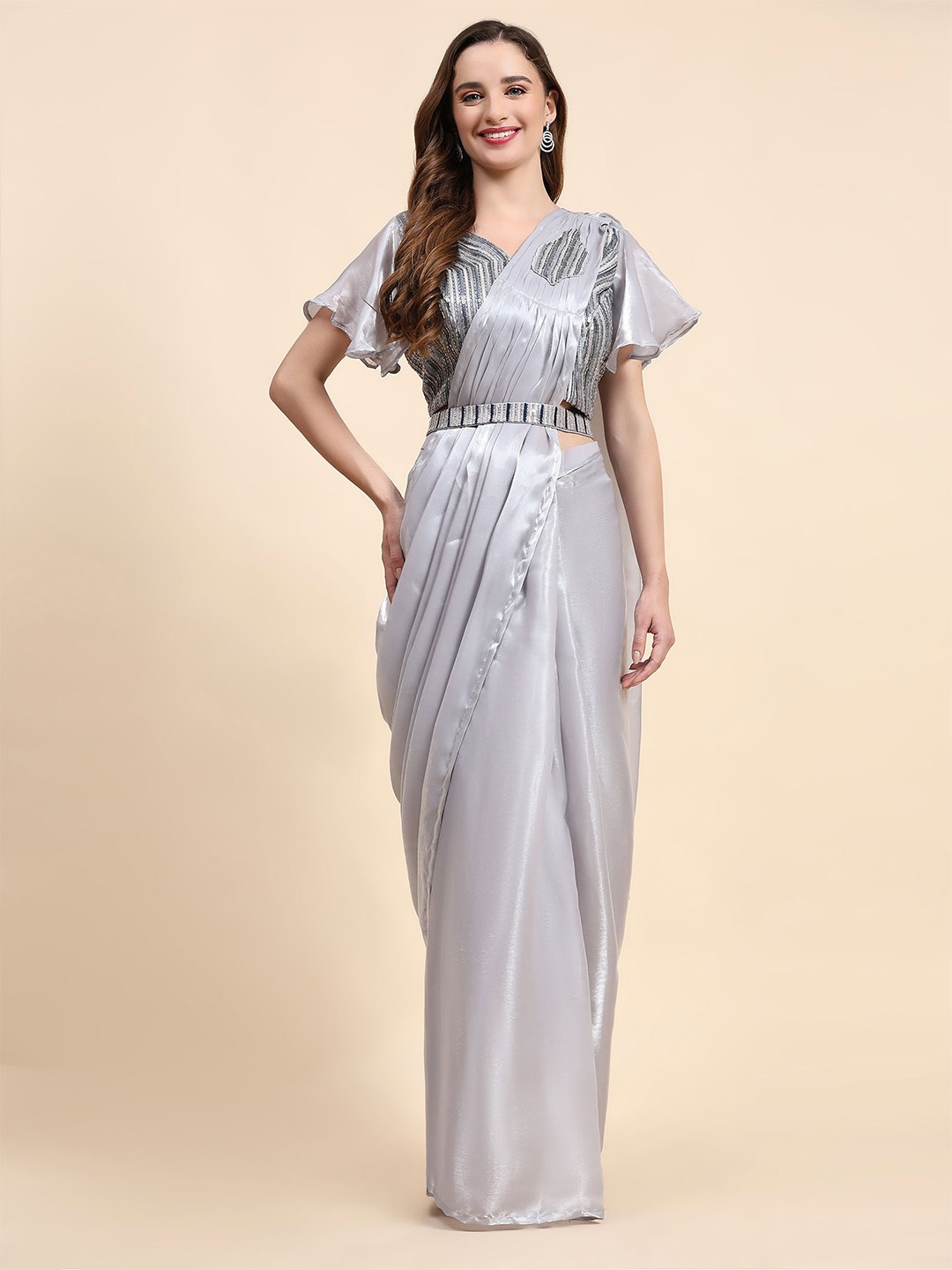 

Phenav Grey Embellished Beads & Stones Organza With Stitched Blouse