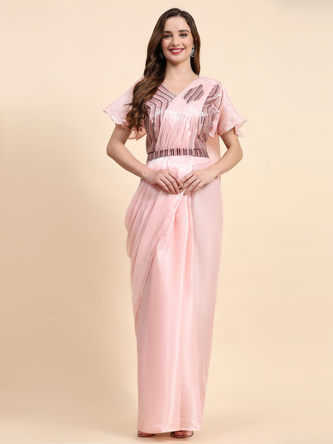 

Phenav Pink Embellished Beads & Stones Organza With Stitched Blouse
