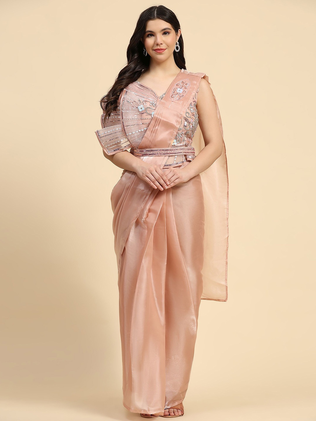 

Phenav Embellished Beads & Stones Organza Saree With Stitched Blouse, Beige