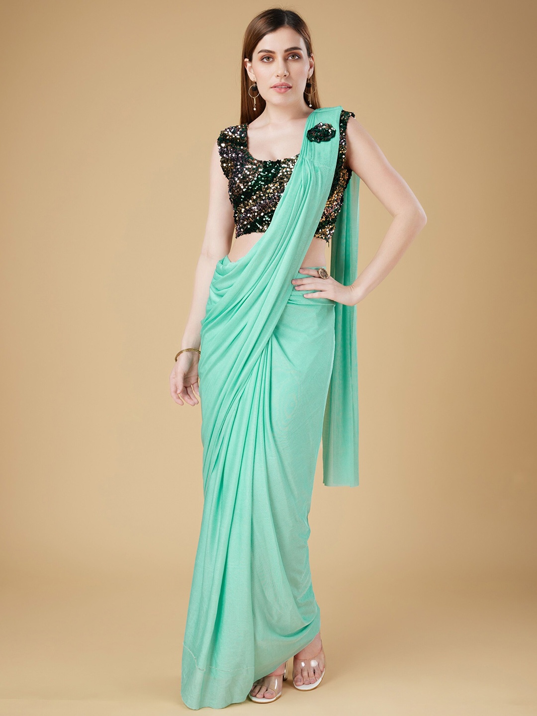 

Phenav Embellished Sequinned Ready To Wear Saree, Turquoise blue