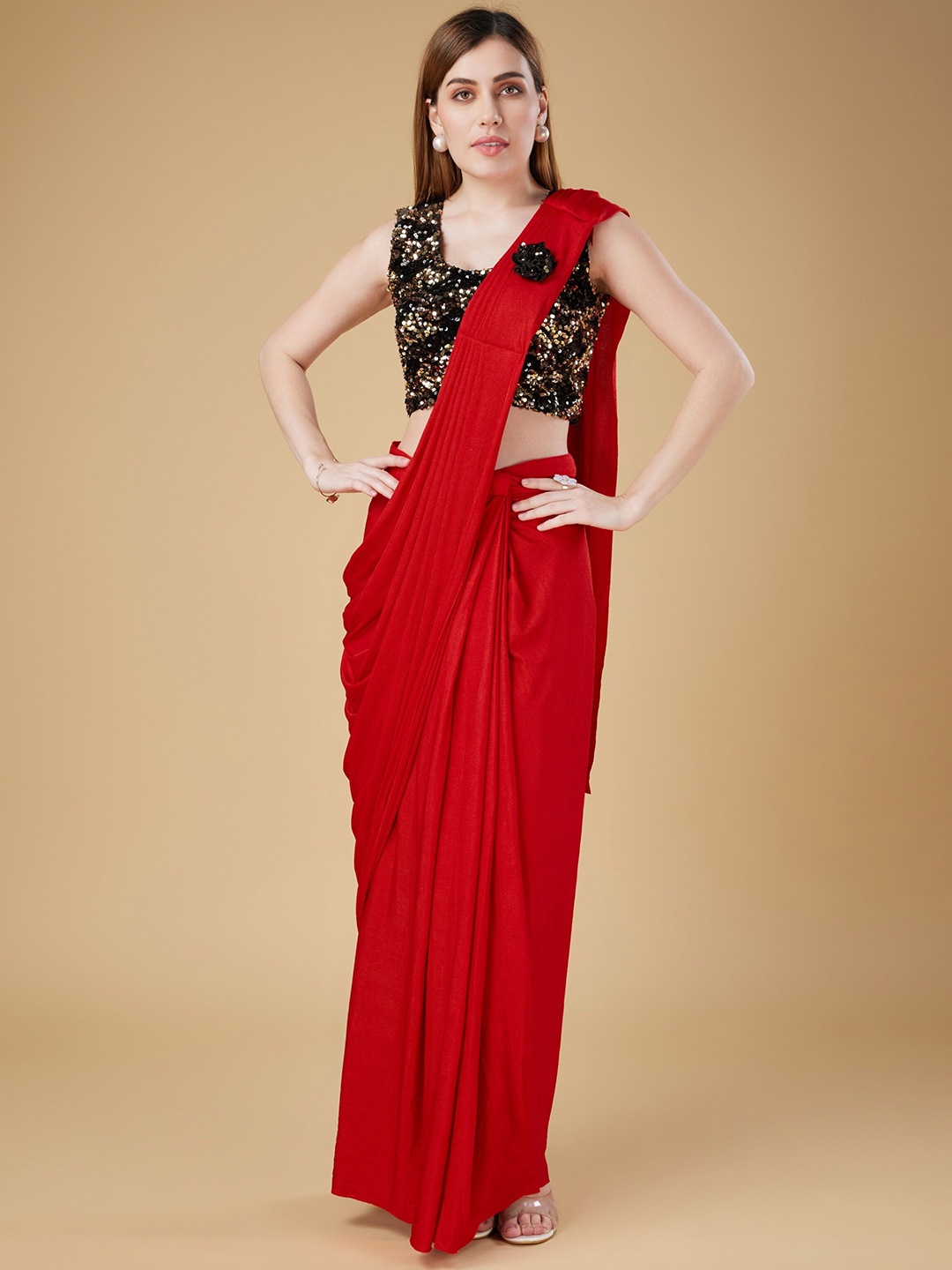 

Phenav Embellished Sequinned Ready To Wear Saree, Red