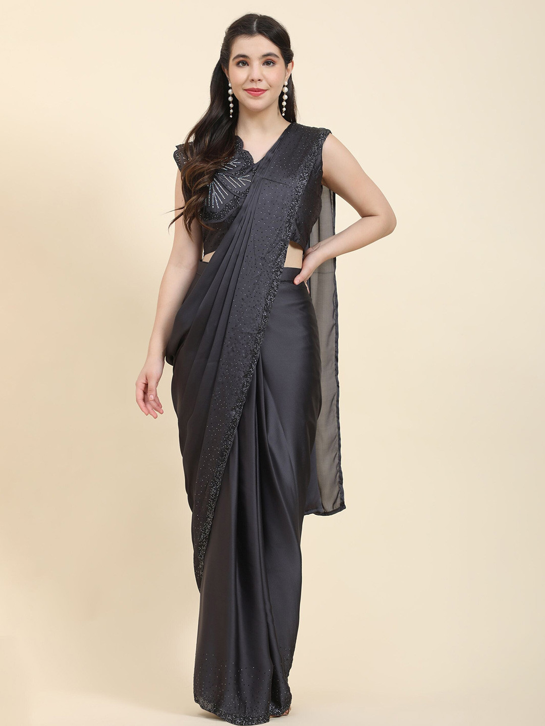 

Phenav Beads and Stones Ready To Wear Satin Saree With Stitched Blouse, Grey