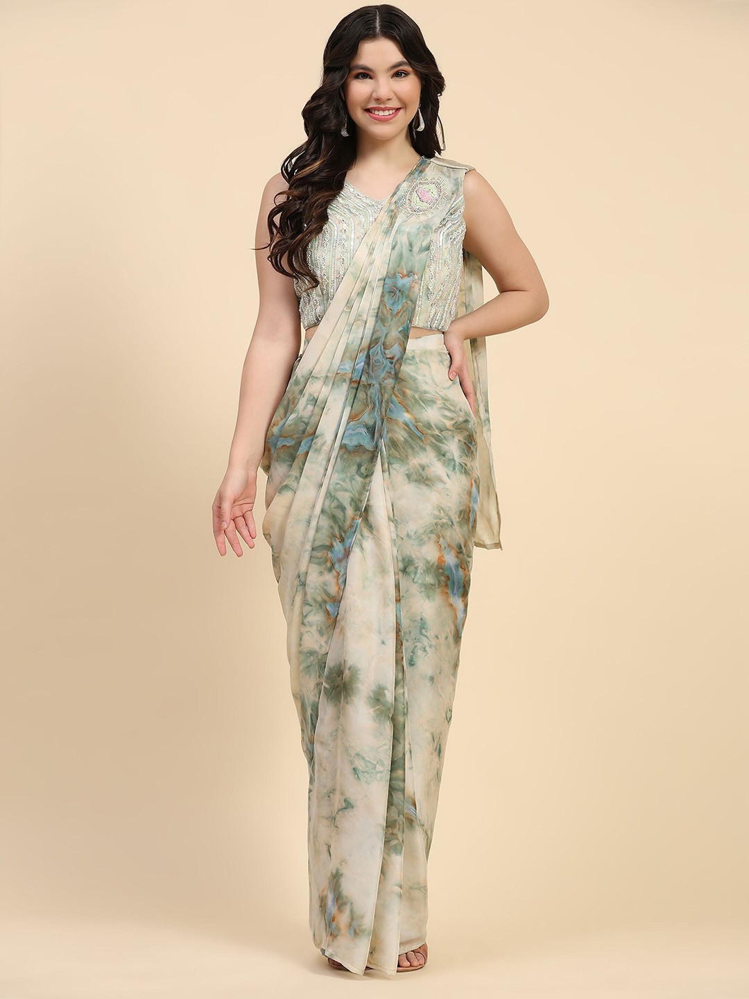 

Phenav Abstract Printed Beads & Stones Ready To Wear Saree With Stitched Blouse, Turquoise blue