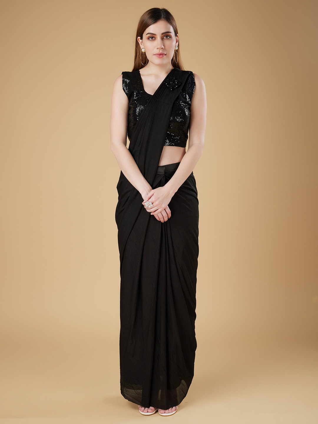 

Phenav Sequinned Ready To Wear Saree With Stitched Blouse, Black