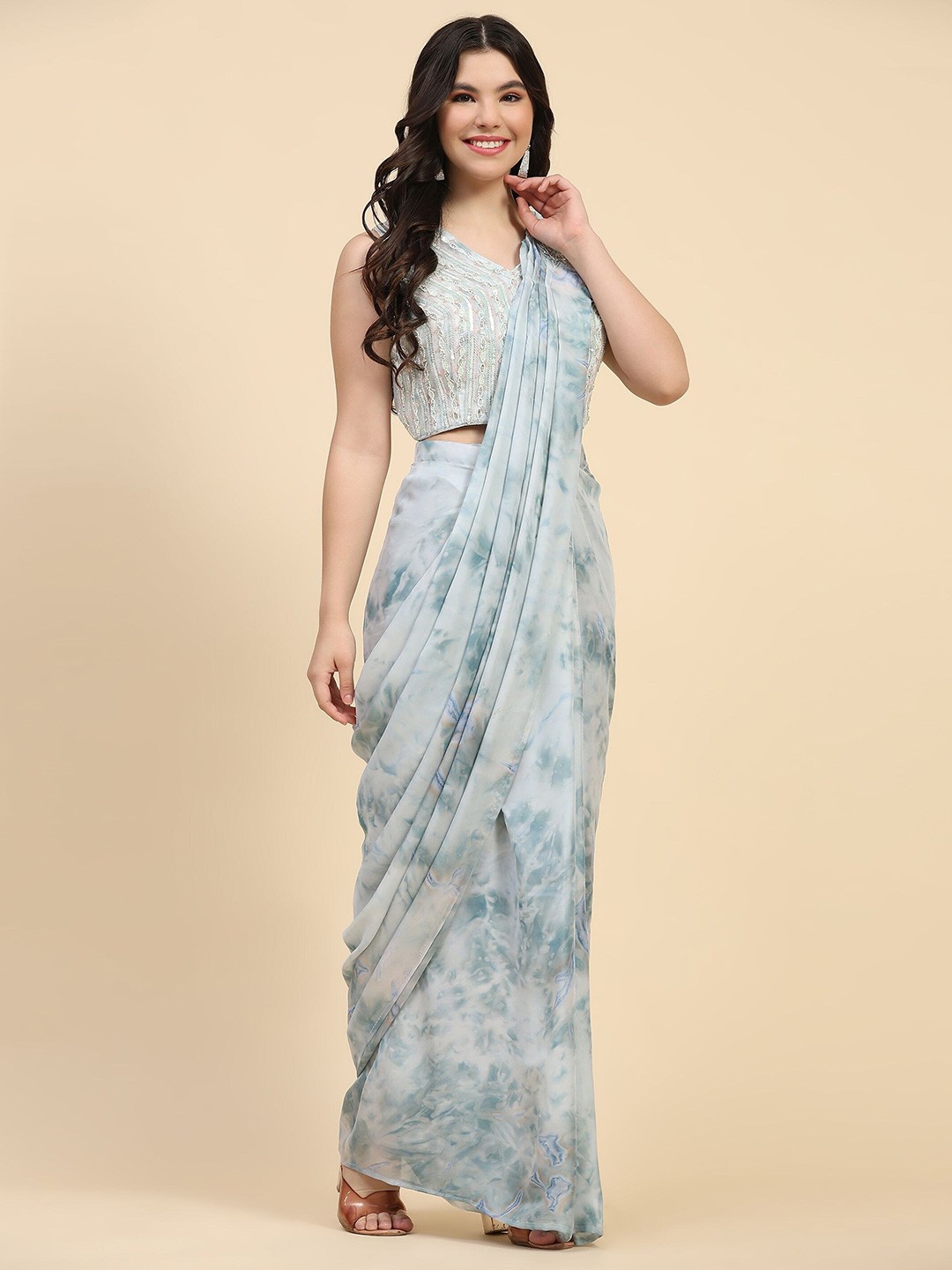 

Phenav Abstract Printed Beads & Stones Ready To Wear Saree With Stitched Blouse, Sea green