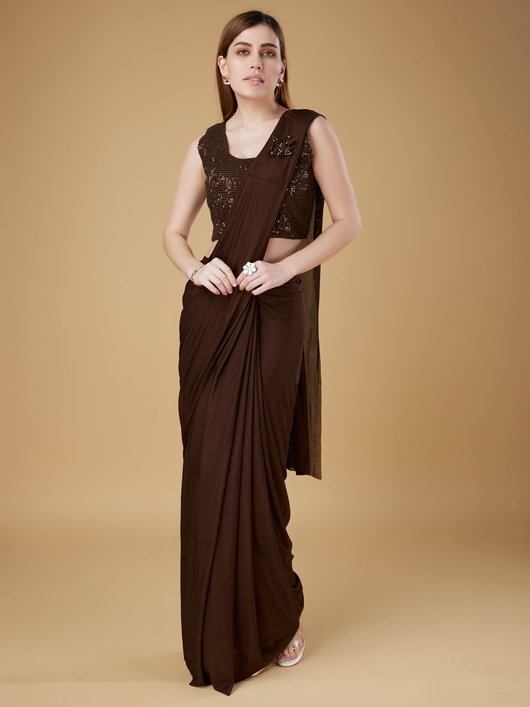

Phenav Sequinned Ready To Wear Saree With Stitched Blouse, Brown
