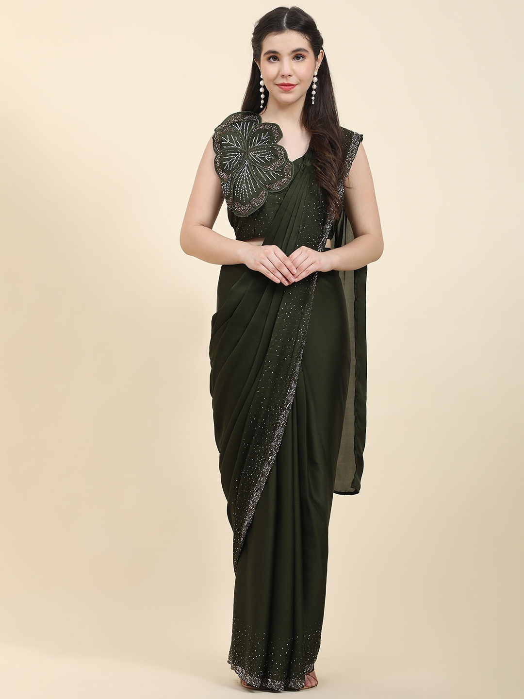 

Phenav Beads and Stones Ready To Wear Satin Saree With Stitched Blouse, Olive