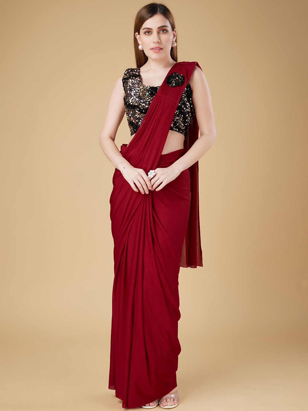 

Phenav Sequinned Ready To Wear Saree With Stitched Blouse, Maroon