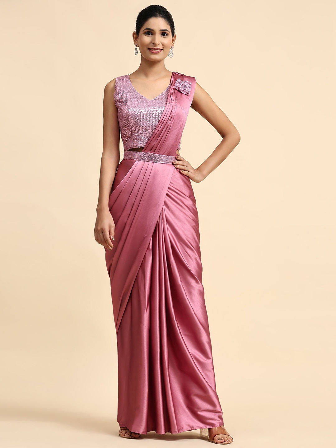 

Phenav Sequinned Satin Ready To Wear Saree With Stitched Blouse & Belt, Rose