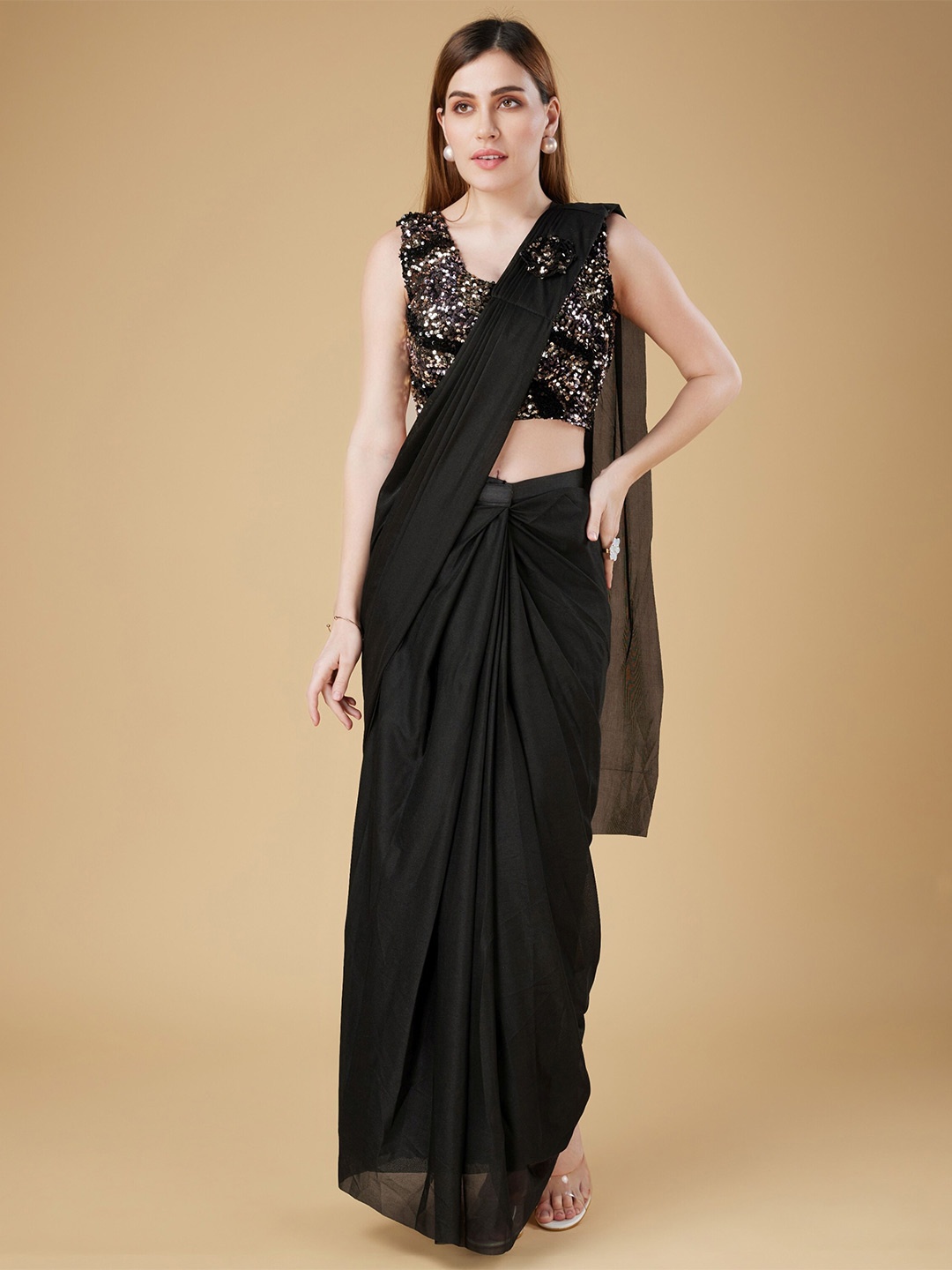 

Phenav Sequinned Ready To Wear Saree With Stitched Blouse, Black