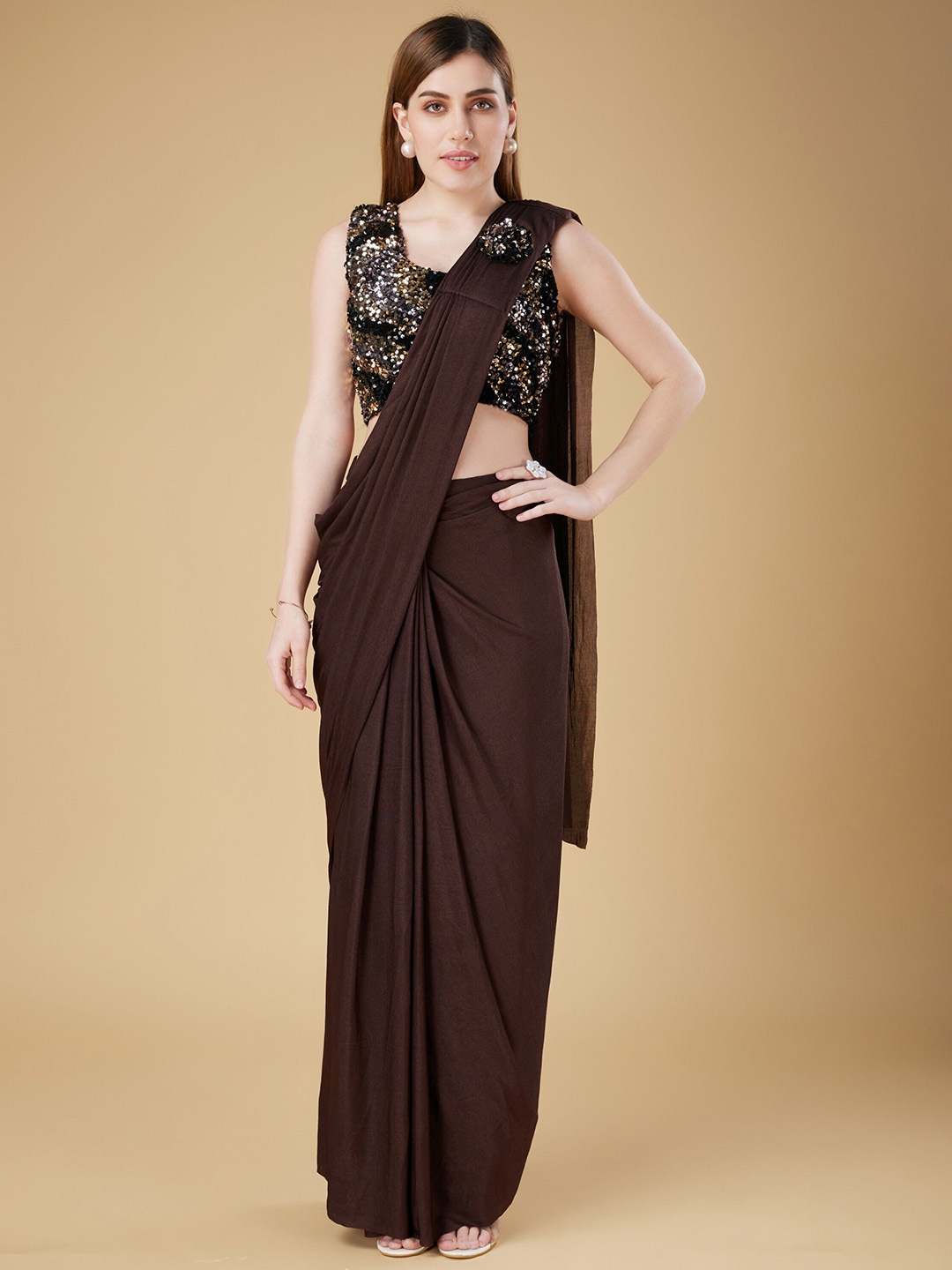 

Phenav Sequinned Embellished Ready To Wear Saree, Brown