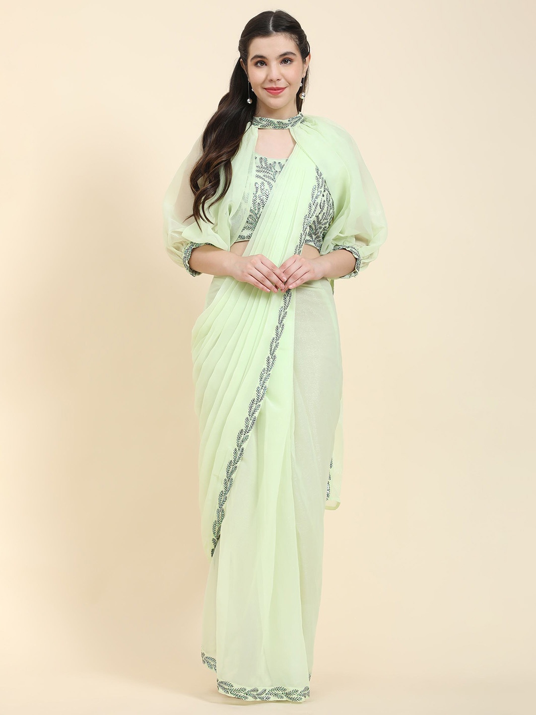 

Phenav Floral Embroidered Ready To Wear Saree, Sea green