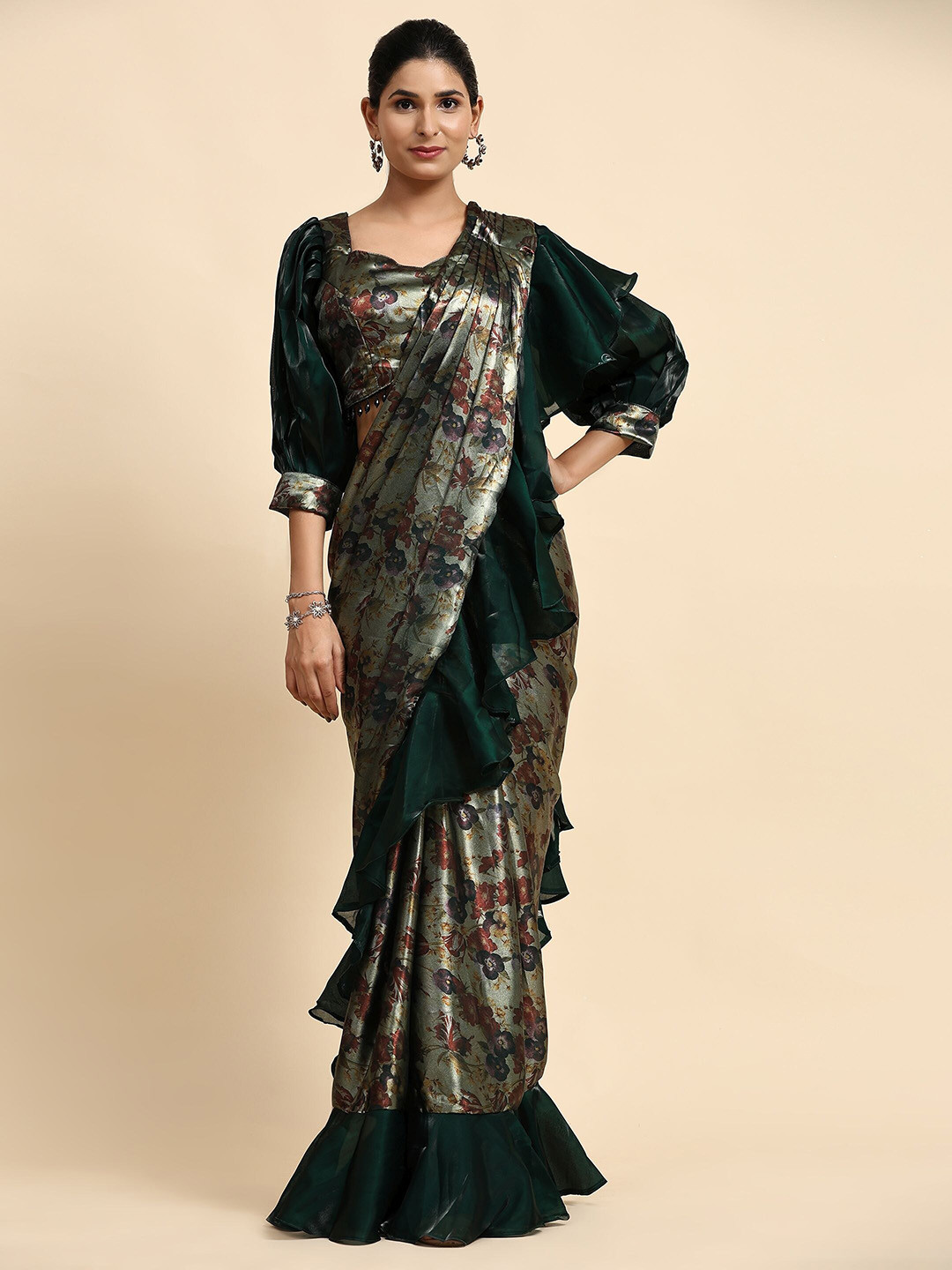 

Phenav Floral Printed Ready To Wear Poly Chiffon Saree, Green