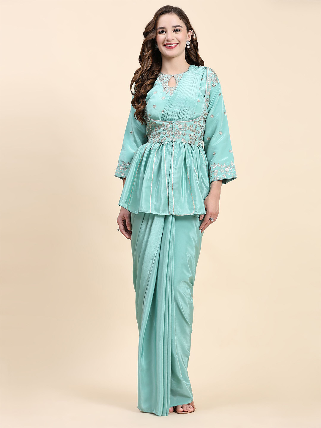 

Phenav Embroidered Satin Ready to Wear Saree With Jacket, Turquoise blue