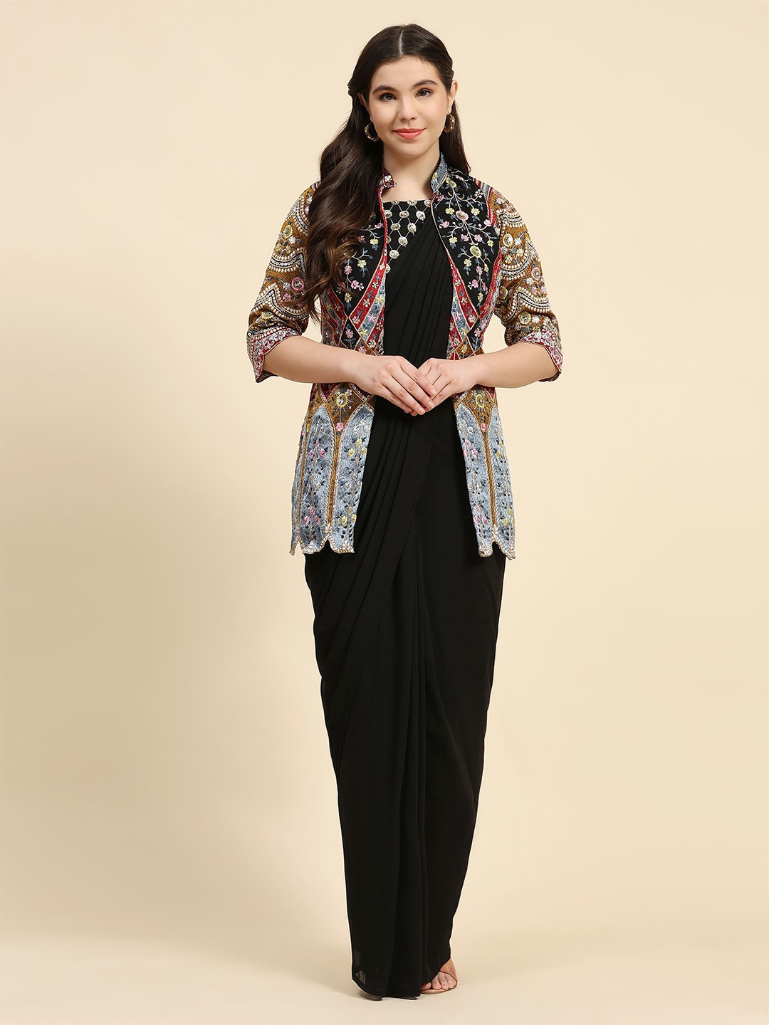

Phenav Sequinned Ready to Wear Saree With Jacket, Black