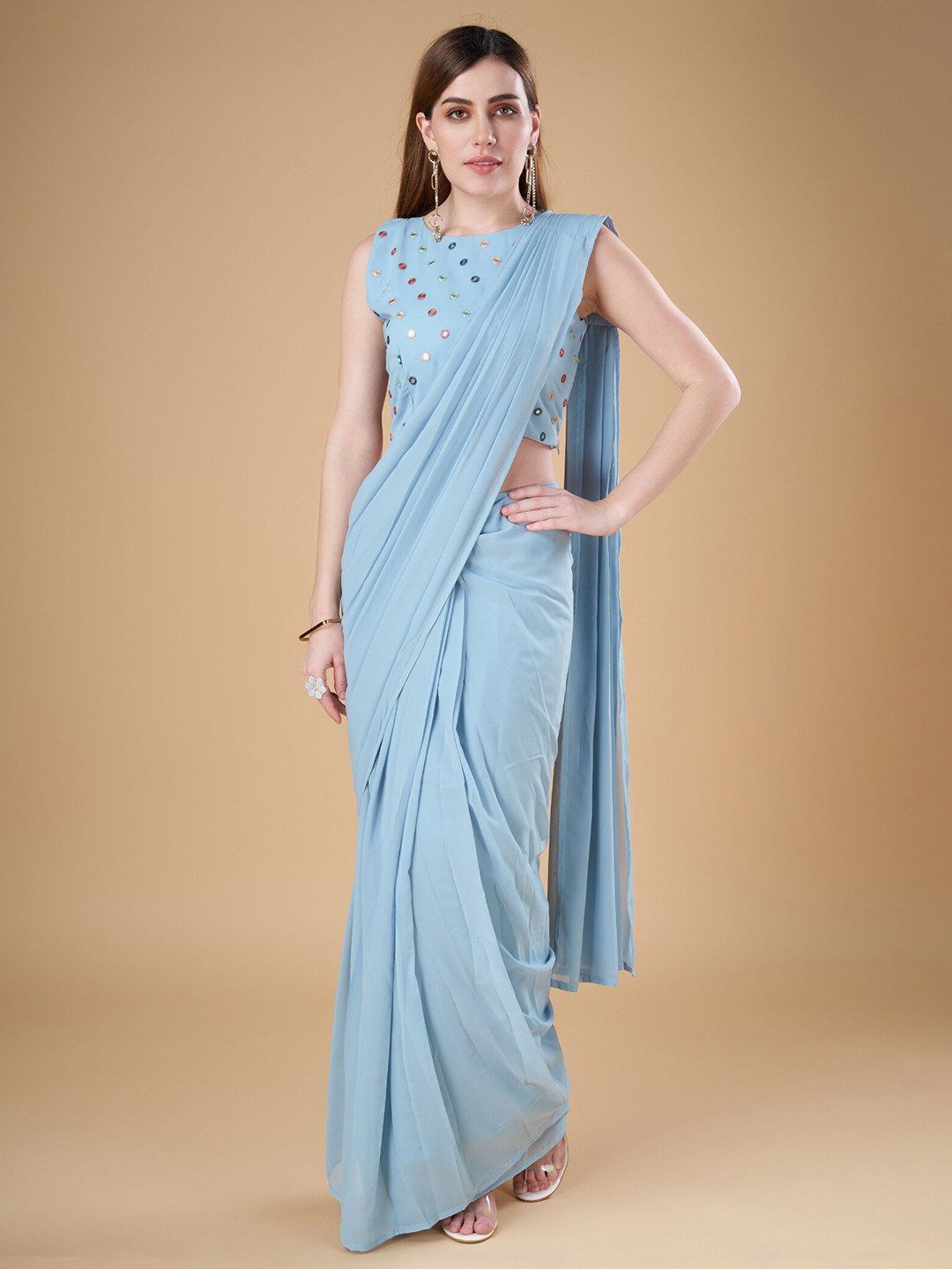 

Phenav Sequinned Ready to Wear Saree With Jacket, Turquoise blue