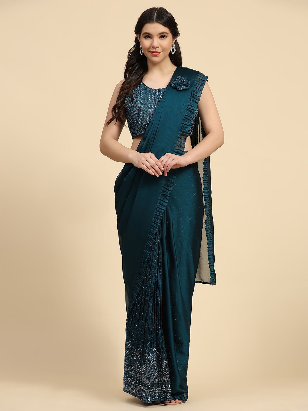

Phenav Sequinned Ready to Wear Saree, Teal