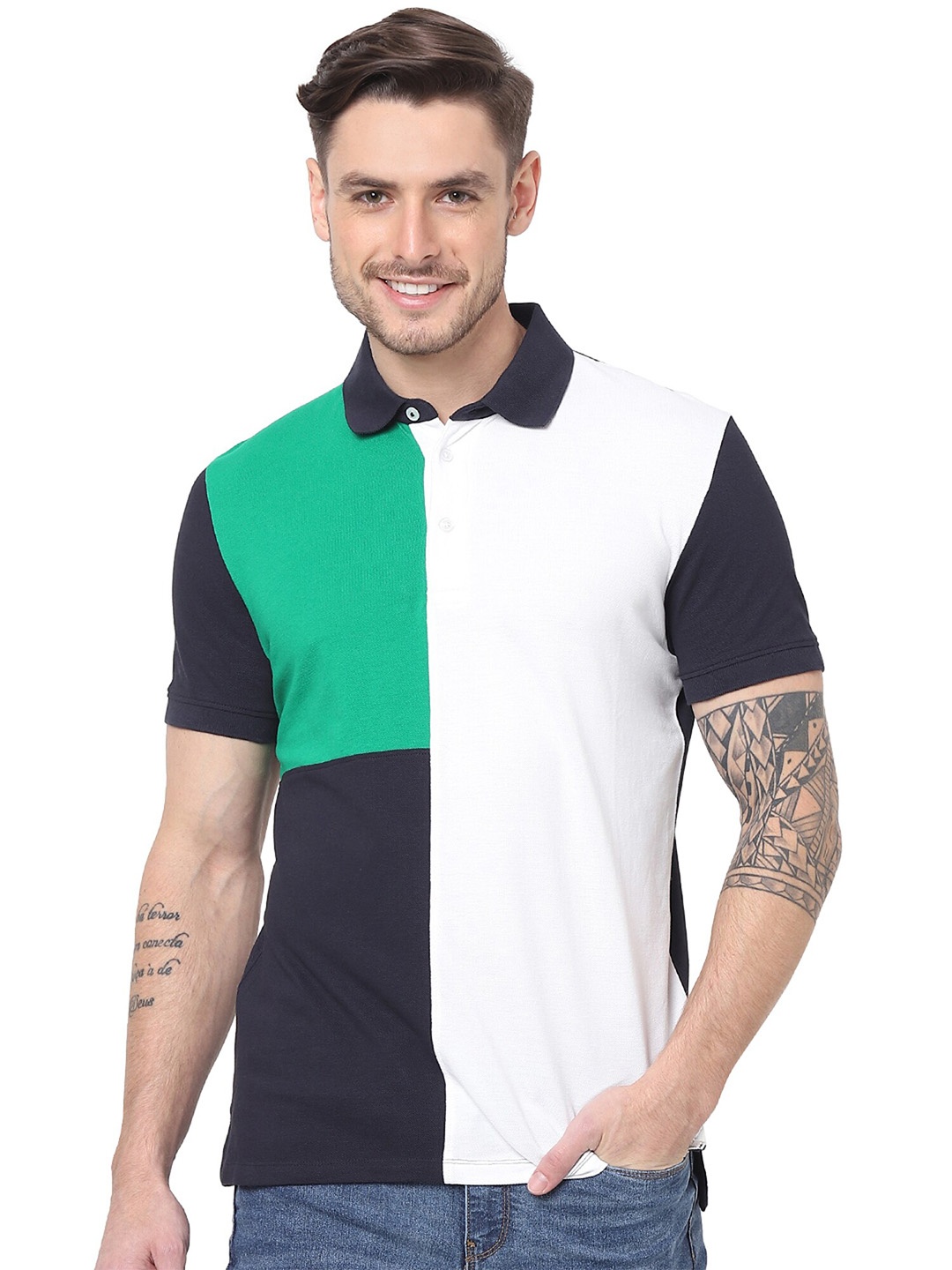 

Celio Colourblocked Polo Collar Cotton T-shirt, Green