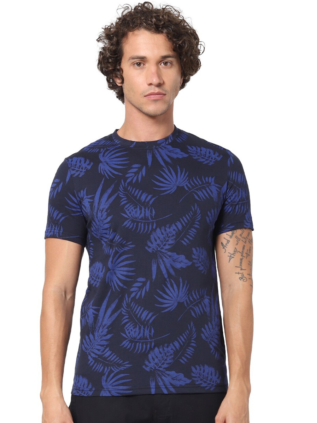 

Celio Floral Printed Cotton T-shirt, Navy blue