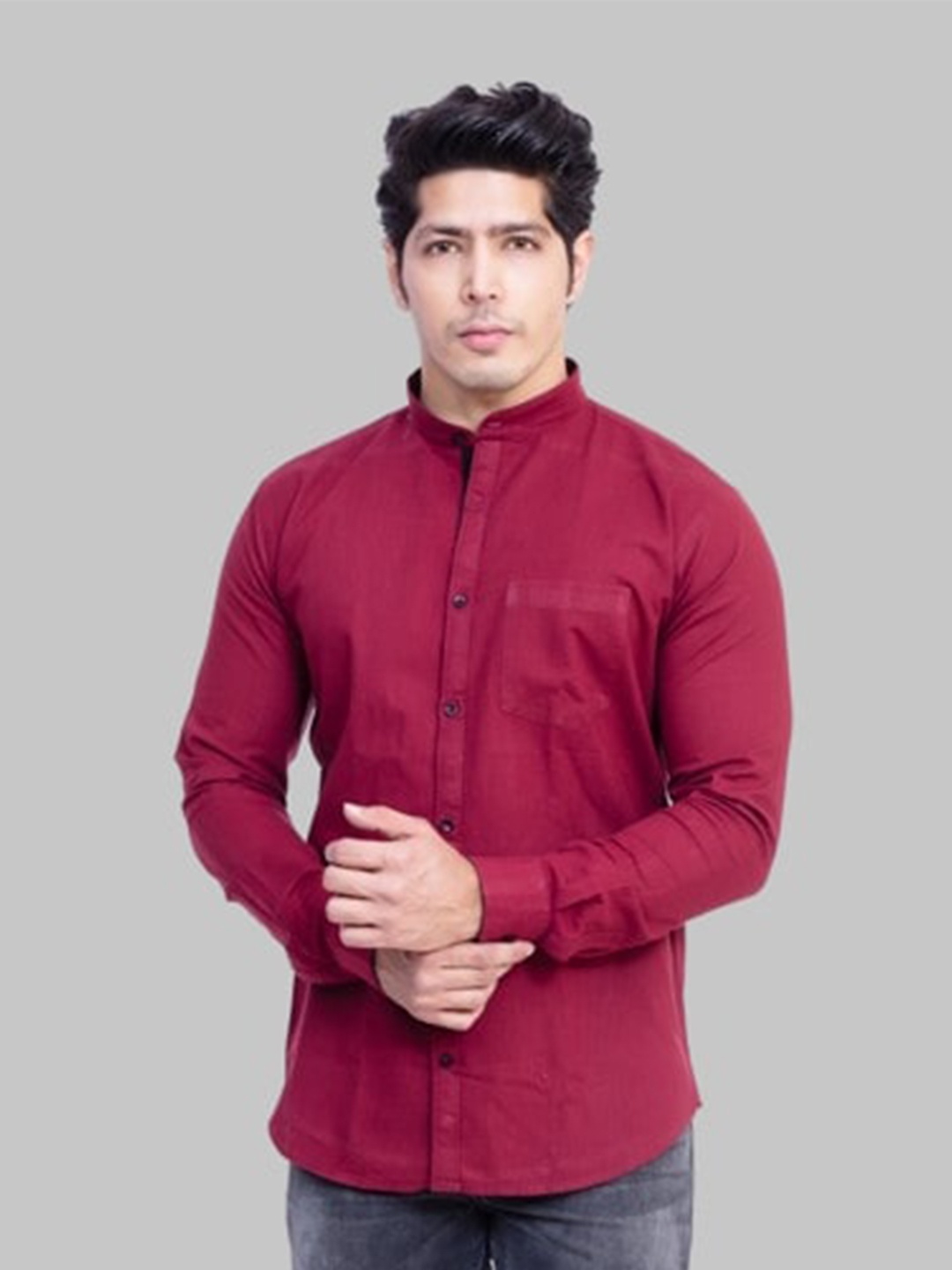 

INDIAN THREADS India Slim Fit Band Collar Cotton Shirt, Maroon