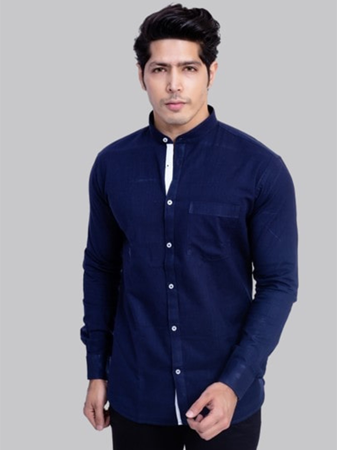 

INDIAN THREADS India Slim Mandarin Collar Cotton Casual Shirt, Navy blue