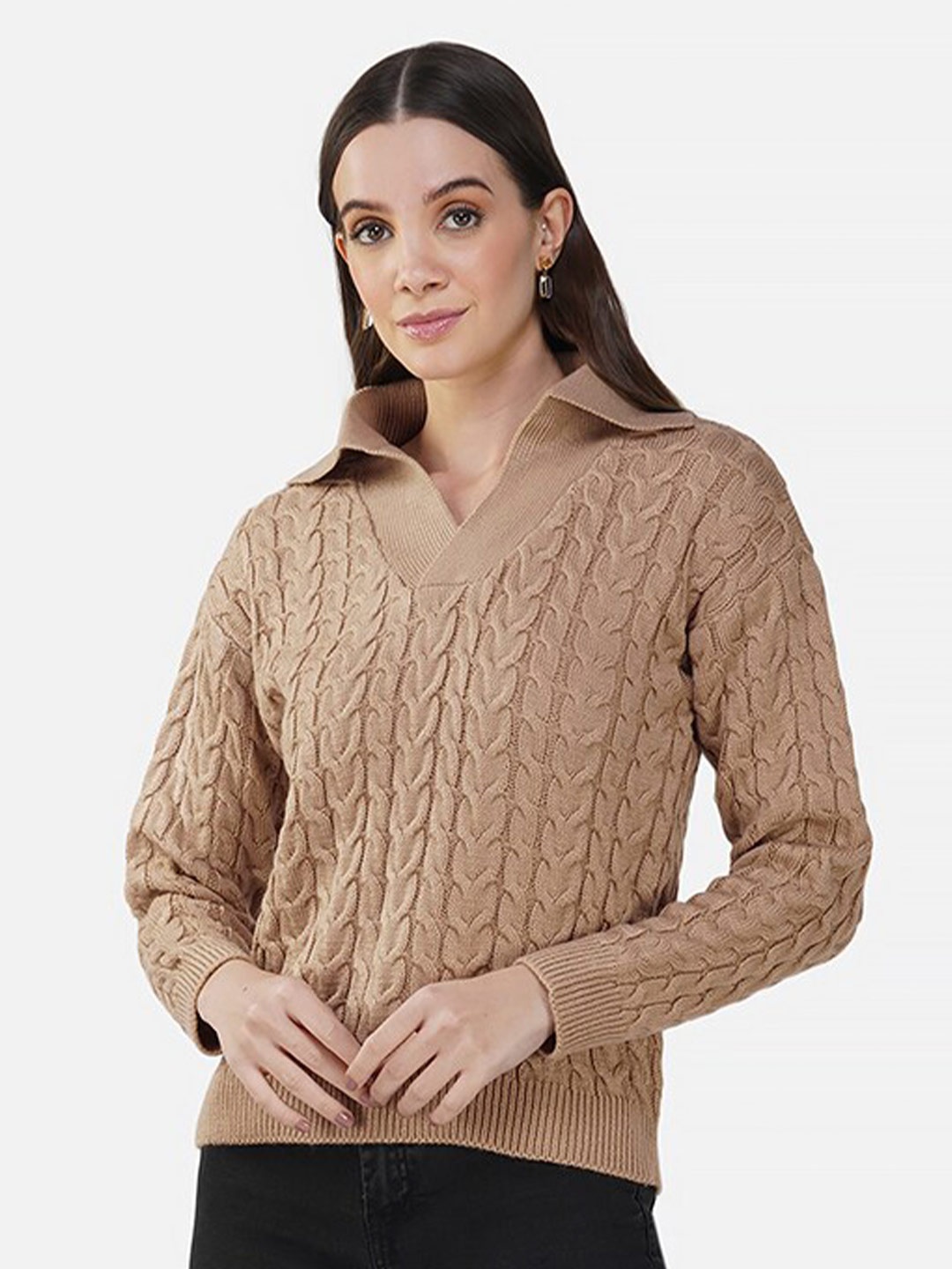 

Chemistry Cable Knit Shirt Collar Acrylic Pullover, Beige