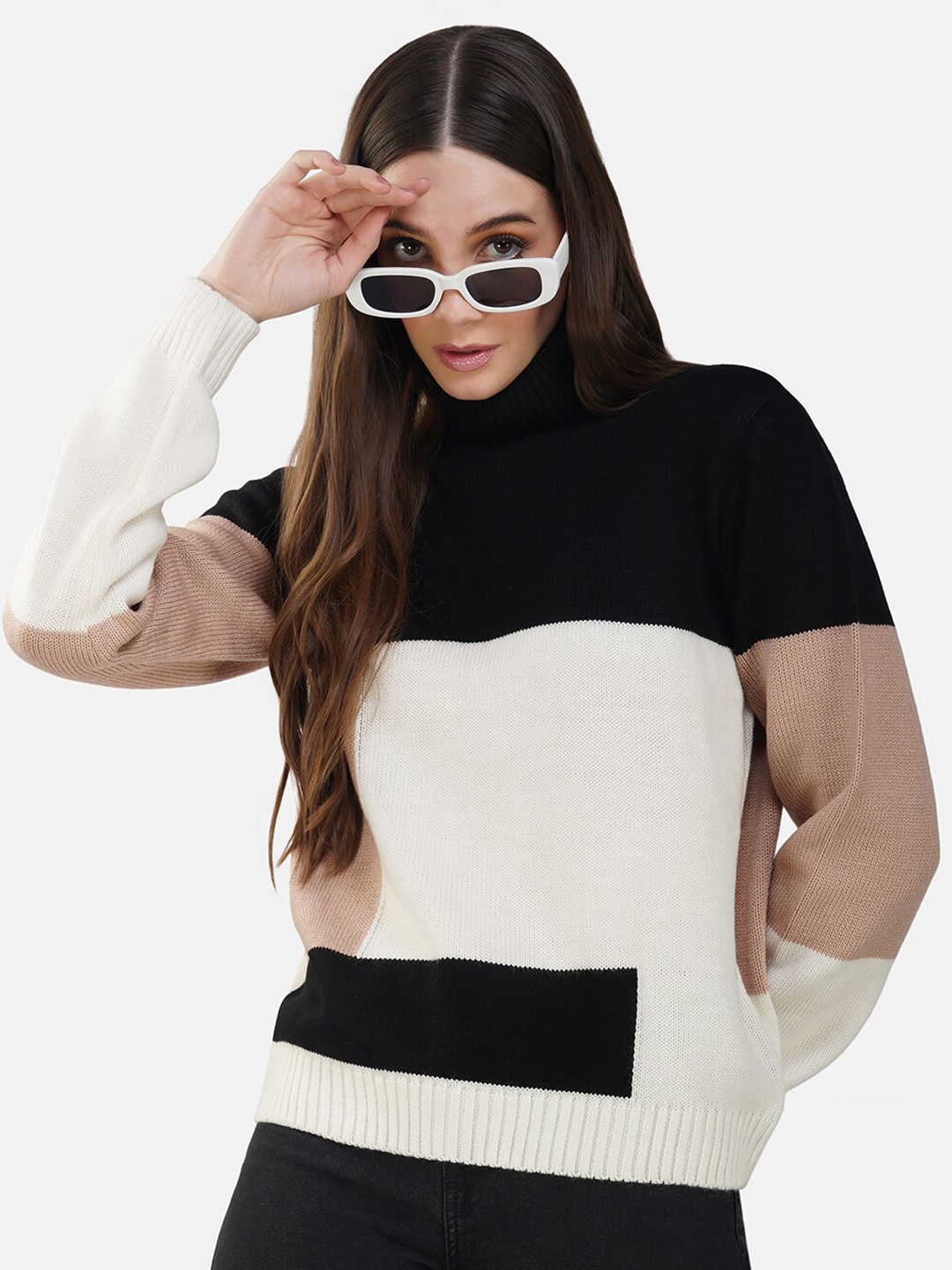 

Chemistry Colourblocked Turtle Neck Long Sleeves Acrylic Pullover, Beige