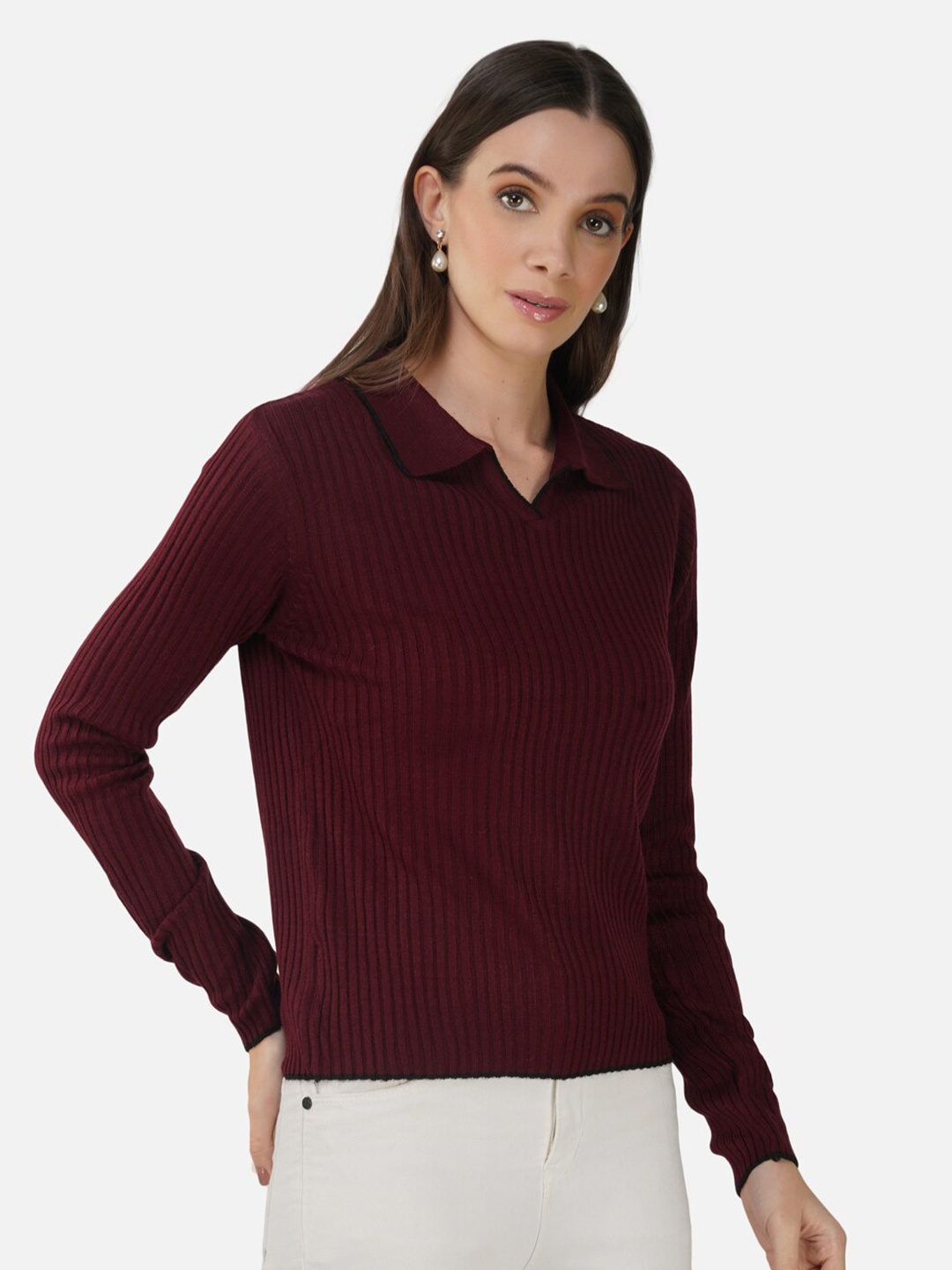 

Chemistry Ribbed Shirt Collar Acrylic Pullover, Maroon