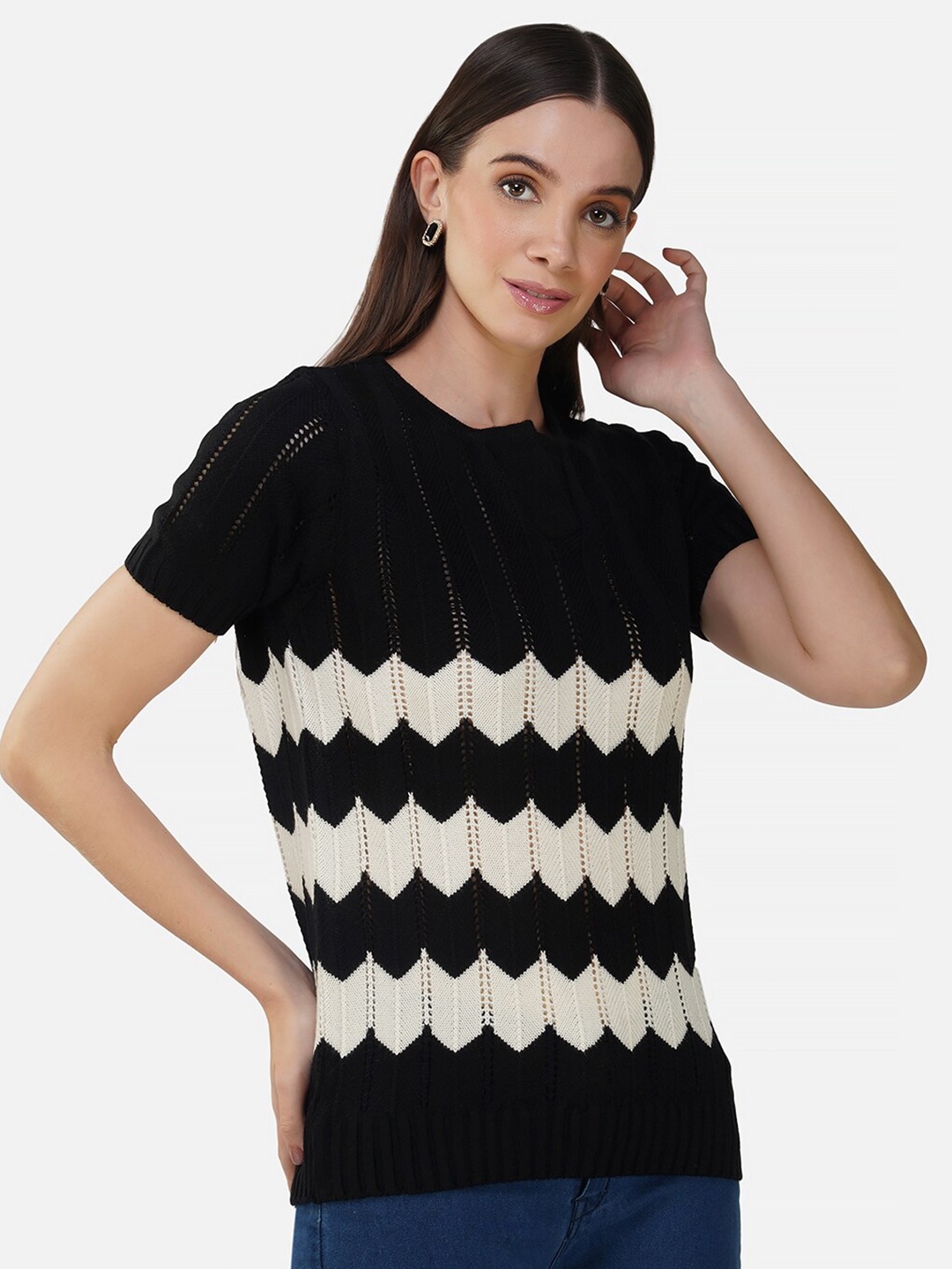 

Chemistry Striped Self Designed Acrylic Pullover, Black