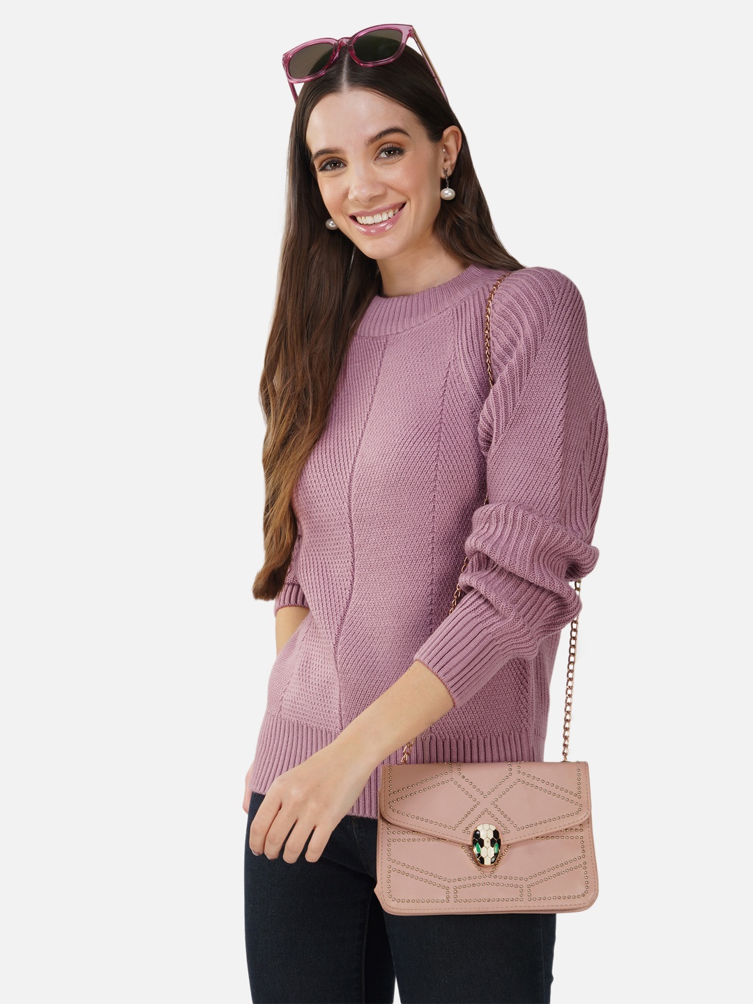 

Chemistry Puff Sleeves Round Neck Pullover Acrylic Sweater, Mauve