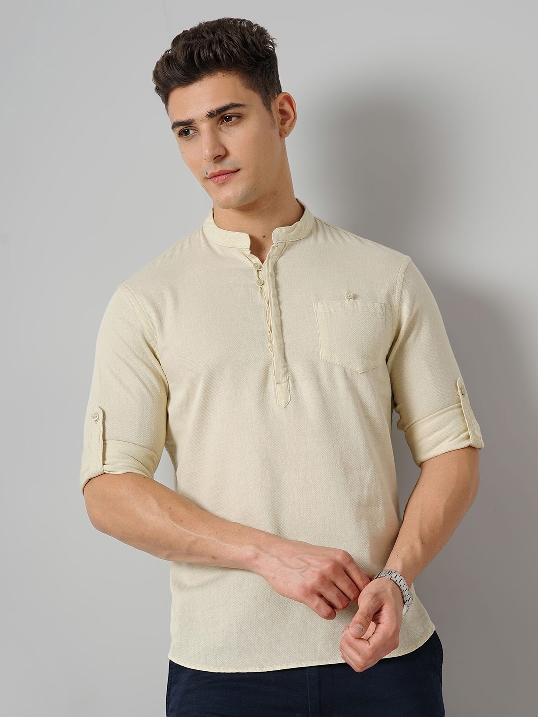 

Celio Classic Mandarin Collar Roll-Up Sleeves Cotton Casual Shirt, Beige