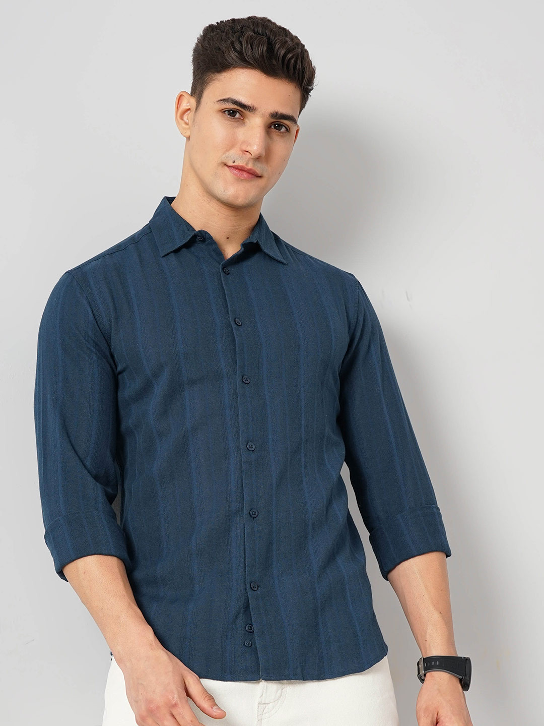 

Celio Classic Vertical Striped Spread Collar Cotton Casual Shirt, Teal