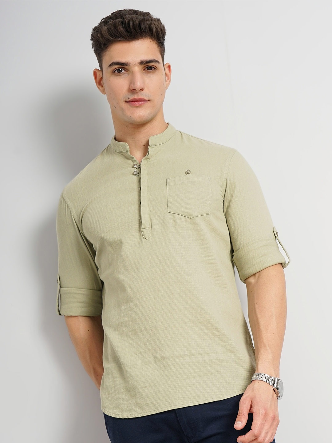 

Celio Classic Fit Mandarin Collar Cotton Casual Shirt, Khaki