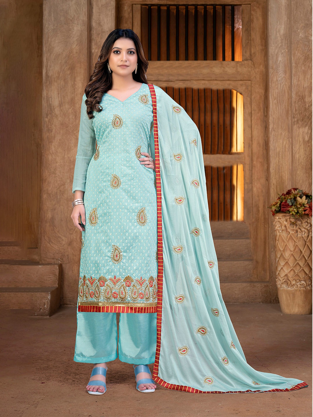 

KALINI Paisley Embroidered Sequinned Unstitched Dress Material, Sea green