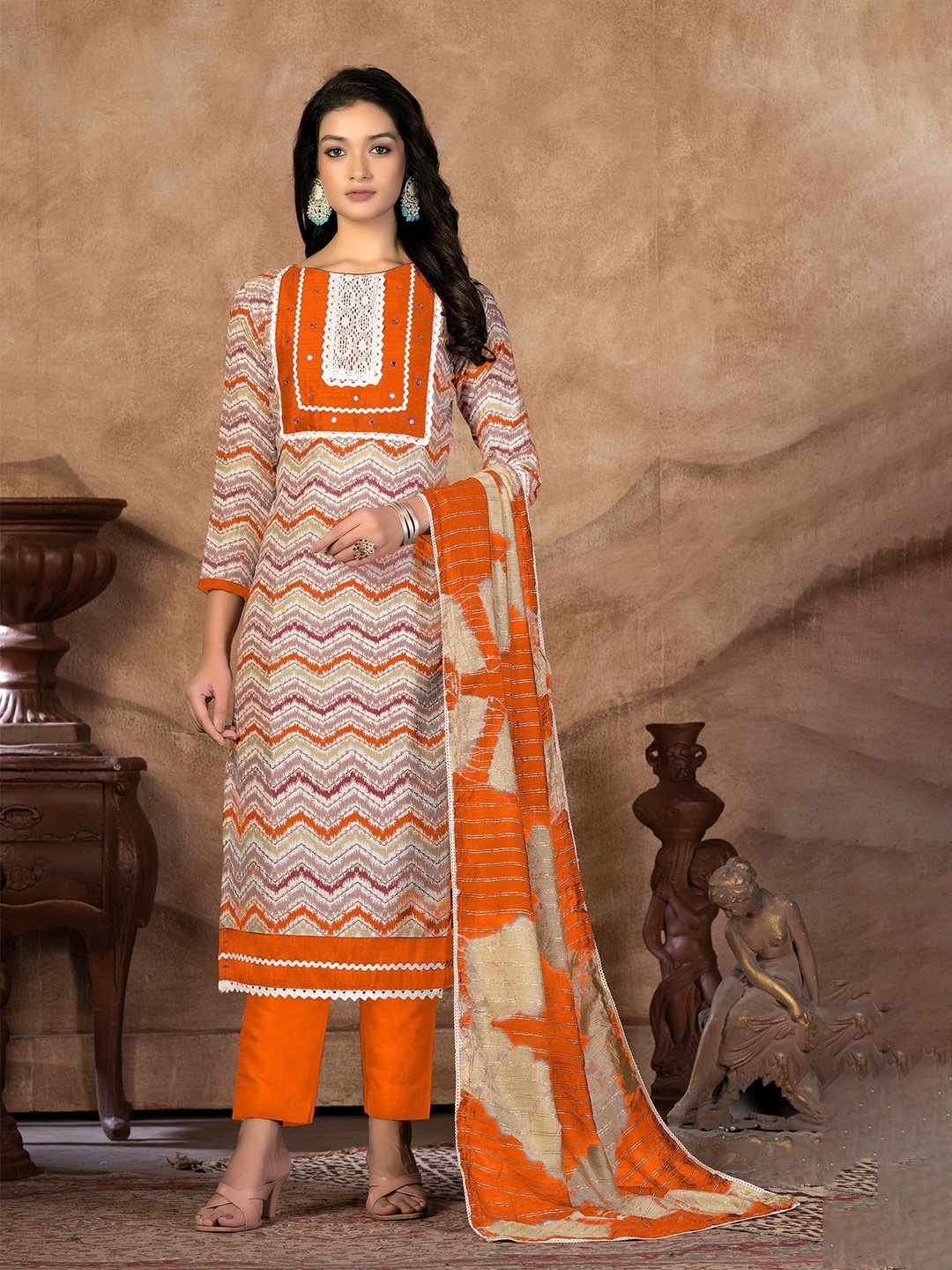 

KALINI Geometric Printed Mirror Work Detail Pure Cotton Unstitched Dress Material, Orange