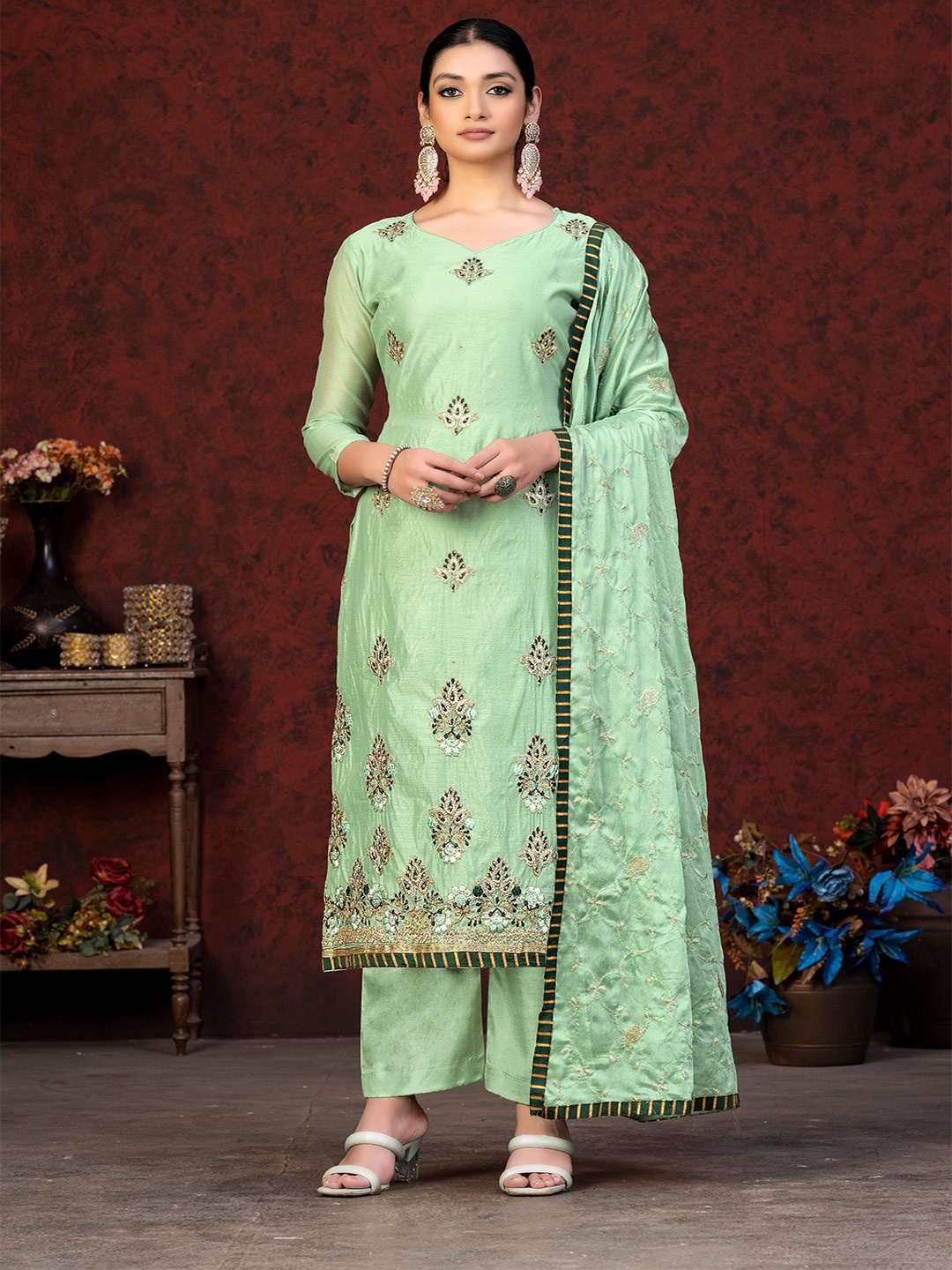 

KALINI Ethnic Motifs Embroidered Unstitched Dress Material, Sea green