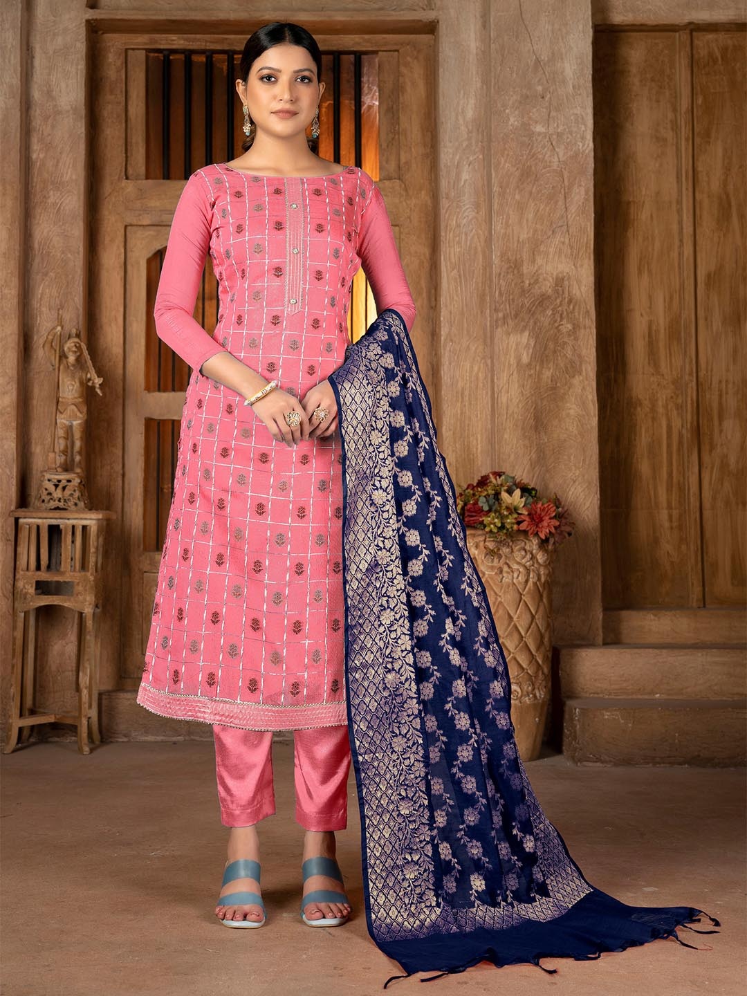 

KALINI Ethnic Motifs Woven Design Unstitched Dress Material, Peach